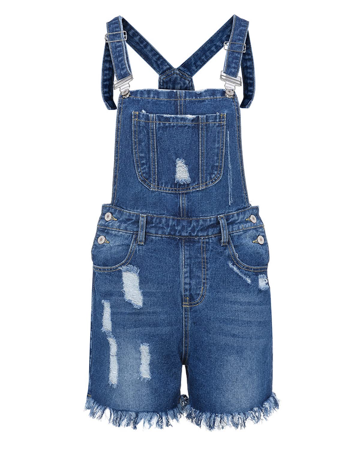 RINTONIX Women's Distressed Denim Overalls Shorts - Ripped Raw Hem Jean Shortall Romper with Pockets | Casual Summer Outfit, Music Festival, Streetwear Fashion