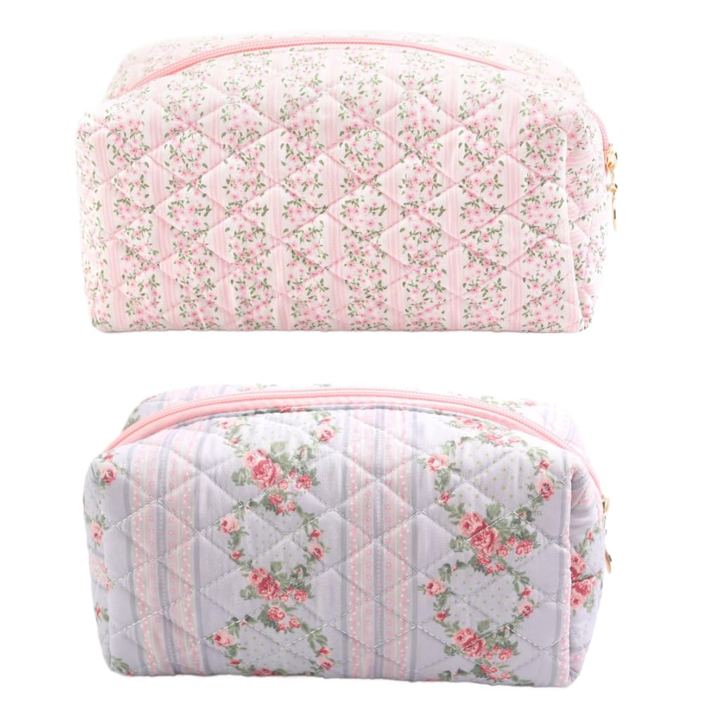 Floral Makeup Bag 2-Pack - Cute Quilted Cosmetic Pouch with Zipper for Travel, Skincare & Toiletries | Pink & Blue Organizer Bags for Women | Perfect for Daily Use, Gym, Vacation & Gift Giving