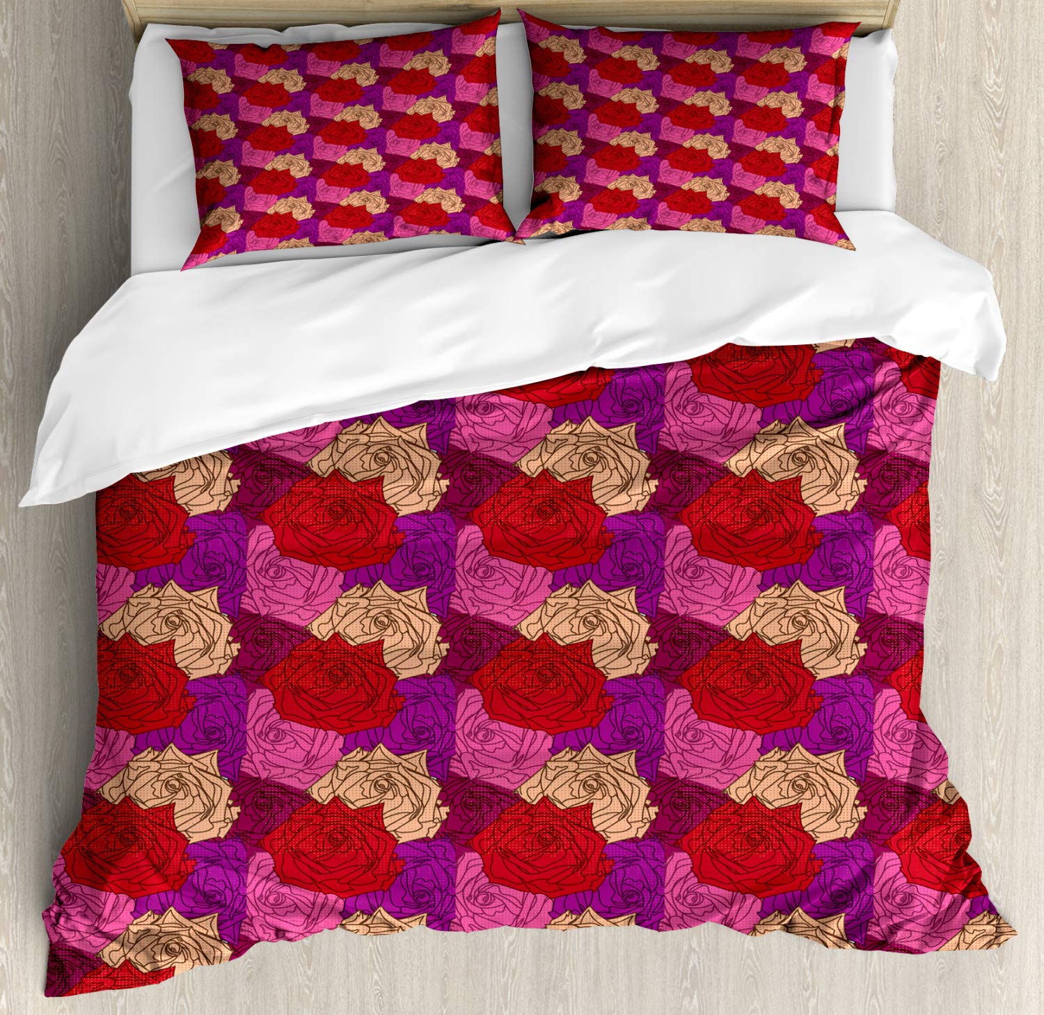 Ambesonne Roses Duvet Cover Set - Queen Size 3-Piece Bedding with Romantic Floral Pattern in Ruby Pink & Purple | Includes Duvet Cover + 2 Pillow Shams | Perfect for Master Bedroom, Guest Room & Romantic Decor