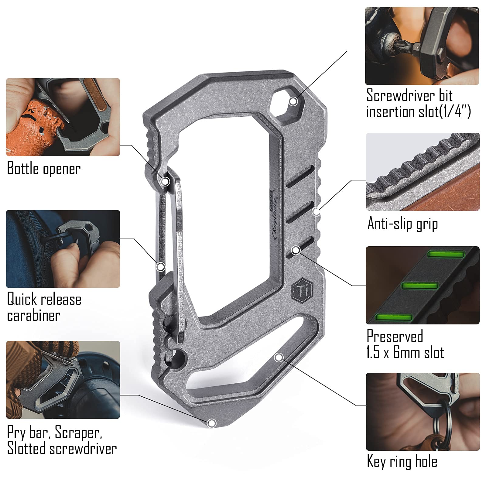 KeyUnity KU03 Titanium EDC 6-in-1 Multi-Tool with Quick Release Carabiner - Keychain Holder, Screwdriver Set, Bottle Opener, Pry Bar & Scraper - Perfect for Camping, Hiking, Survival & Everyday Carry (EDC)