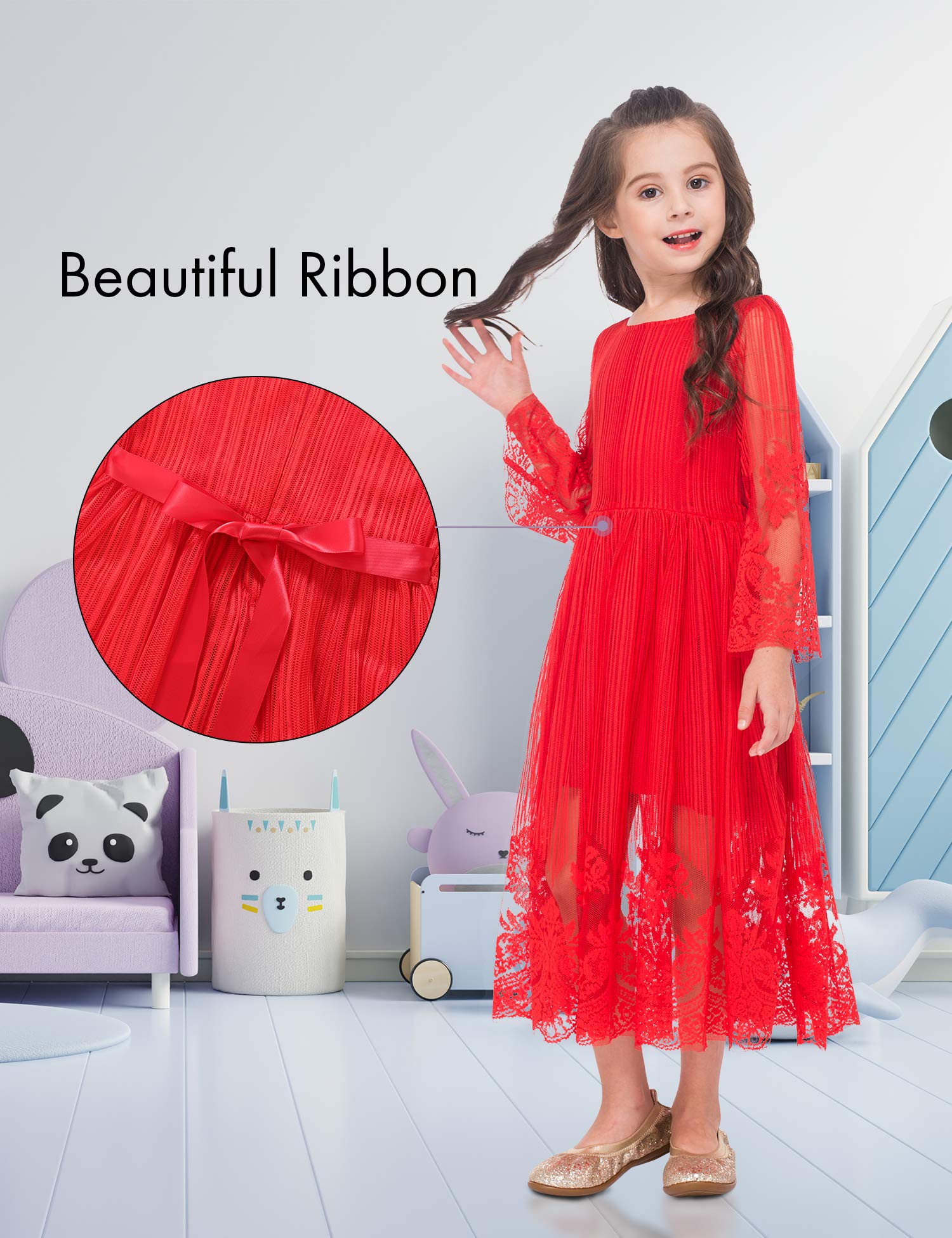 Girls Lace Floral Dress - Long Sleeve Midi First Communion Dress for Girls, Flower Girl Dress for Wedding, Birthday Party & Special Occasions | Elegant Church Attire, Casual Party Wear & Photo Shoot Outfit