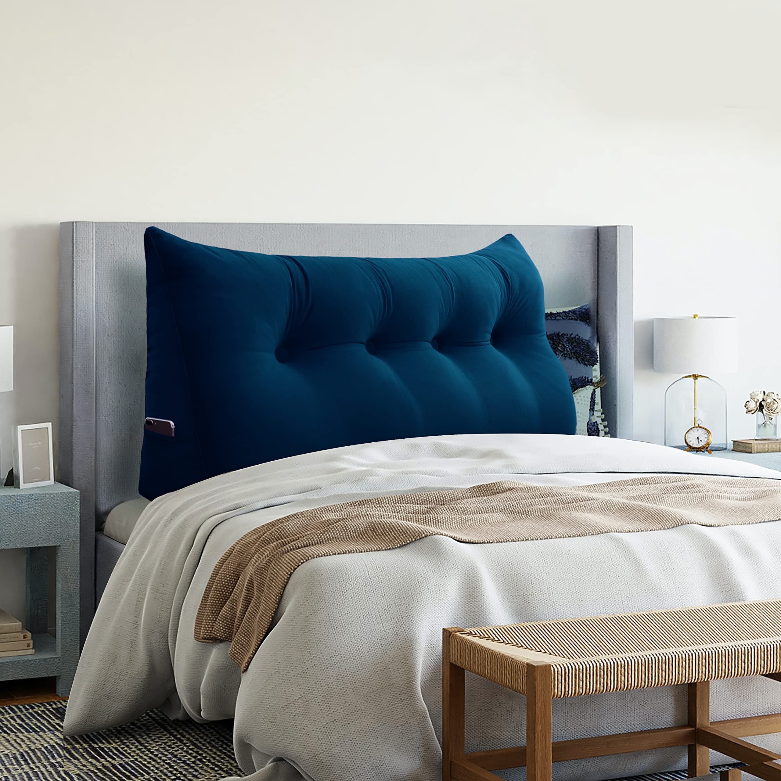 Velvet Deep Blue Large Wedge Pillow for Bed - Headboard Pillow, Reading Pillow, Daybed Cushion, Triangular Back Support, Bolster Gap Filler | Perfect for Reading in Bed, Lounging, or Back Support While Watching TV