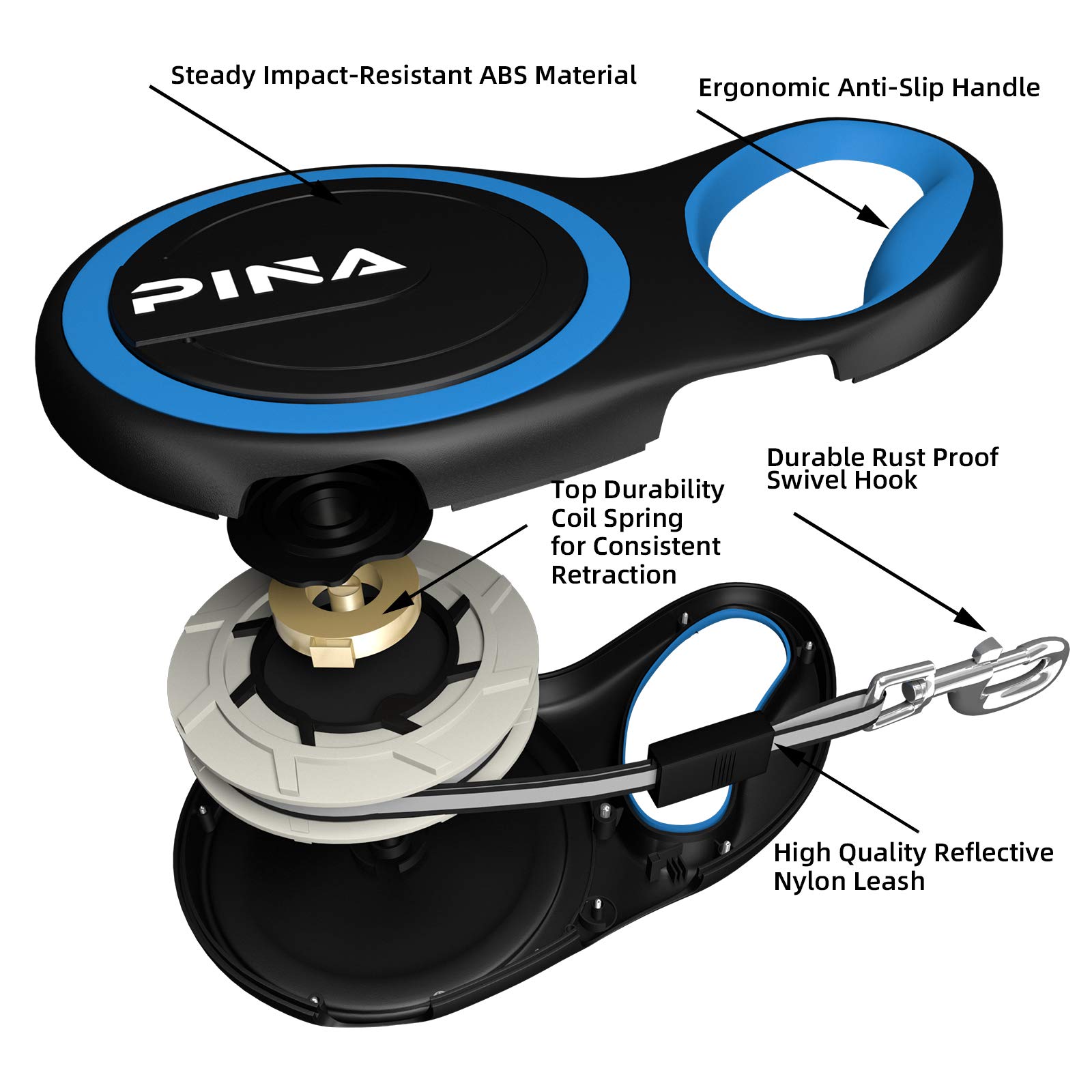 PINA Retractable Dog Leash - 10ft Strong Reflective Nylon Tape Leash for Small Dogs Up to 33lbs, 360° Tangle-Free Design with Anti-Slip Handle & One-Handed Brake Lock - Perfect for Walking, Jogging, and Nighttime Safety (Black/Blue)