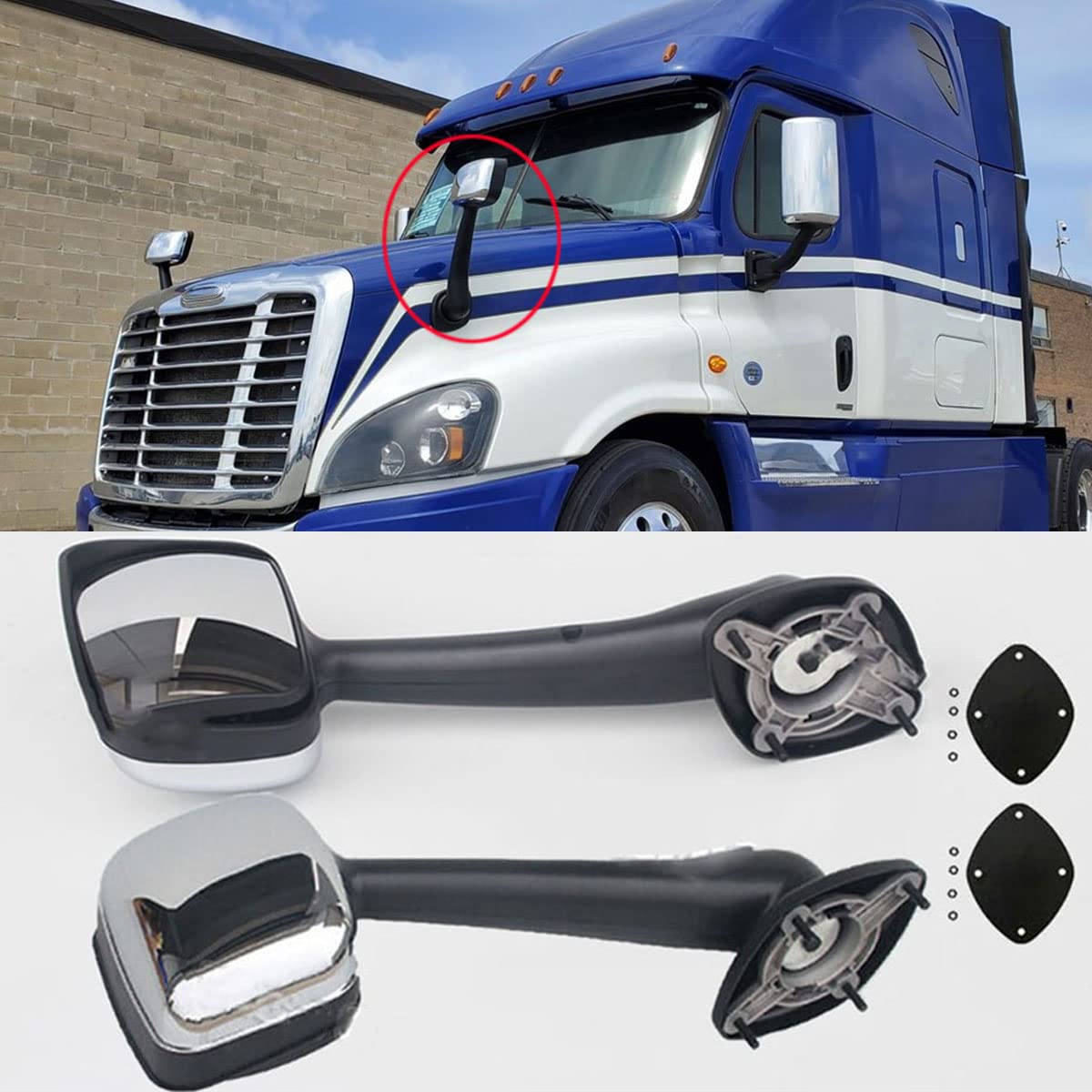2008-2016 Freightliner Cascadia Chrome Hood Mirror - Manual Truck Towing Mirror Replacement with Chrome Housing | Durable Exterior Side Mirror for Long-Haul Trucking & Towing