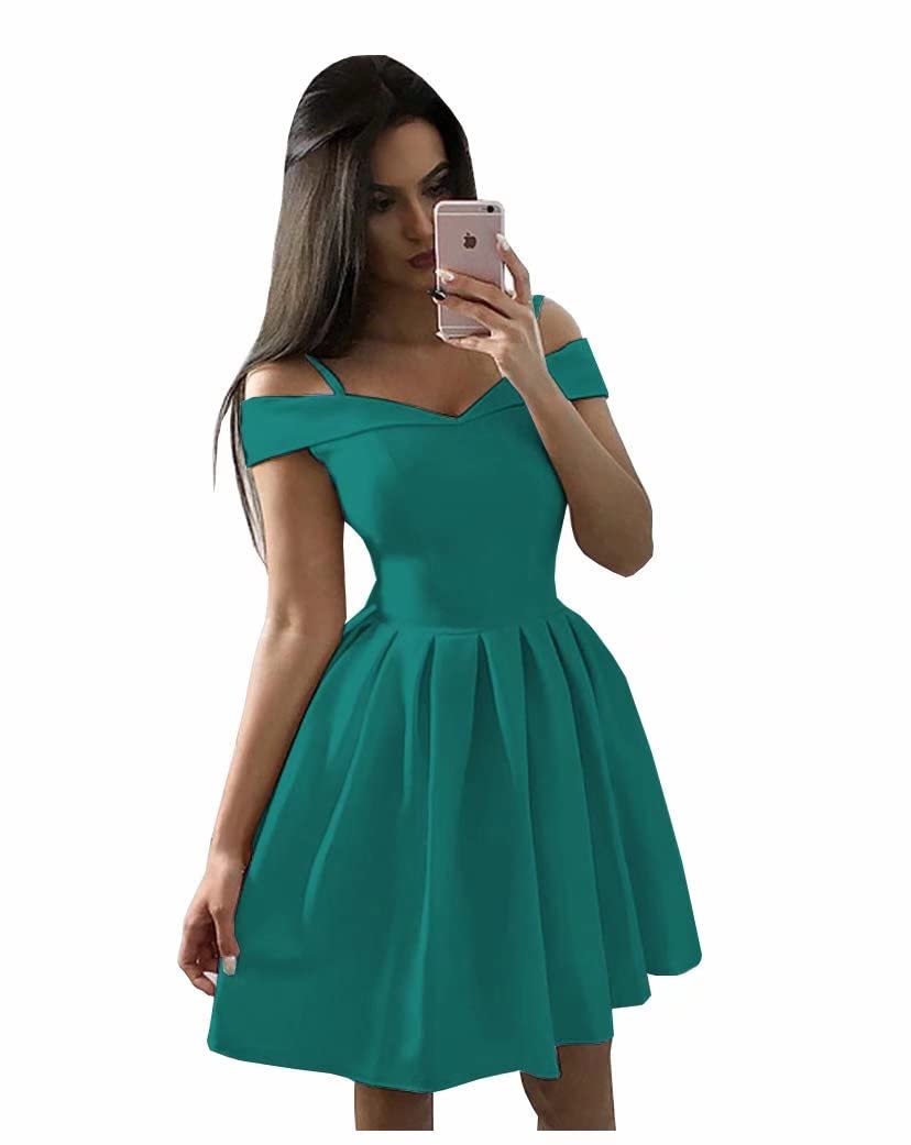 Xijun Women's Cold Shoulder Short Satin Homecoming Dress 2022 | A-Line Prom Party Dress with Pockets | Junior Formal Gown for Dances, Weddings & Special Occasions