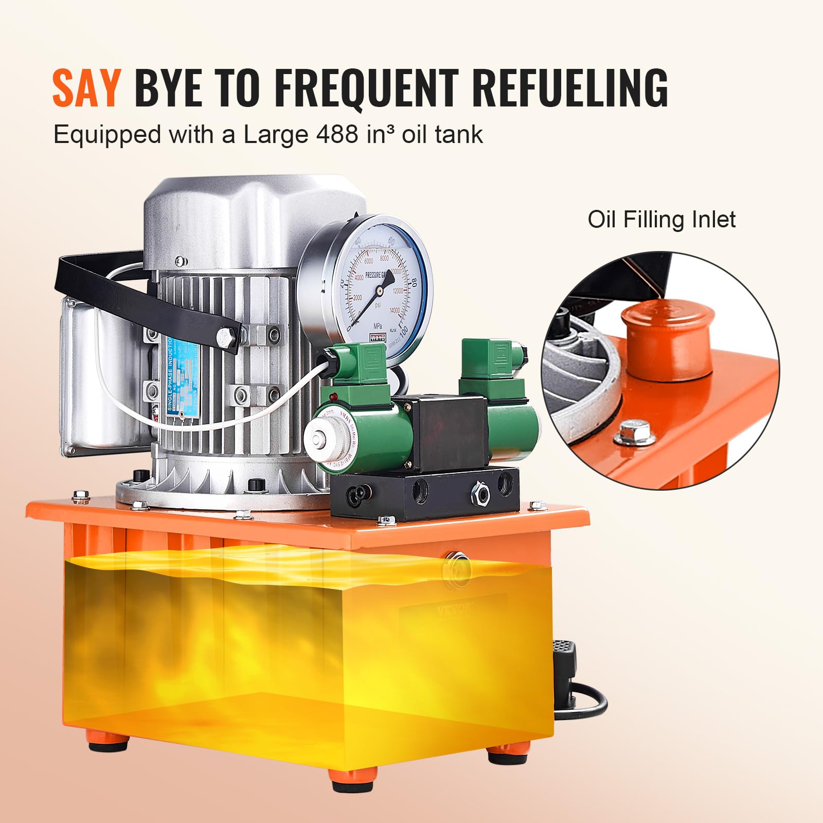 VEVOR 8L Hydraulic Power Pack Unit - Double Acting Solenoid Valve, 488 in³ Capacity, Electric Driven with Foot Pedal Switch for Punch Press, Metal Bending & Hydraulic Jack - Heavy Duty Industrial Use (Orange)