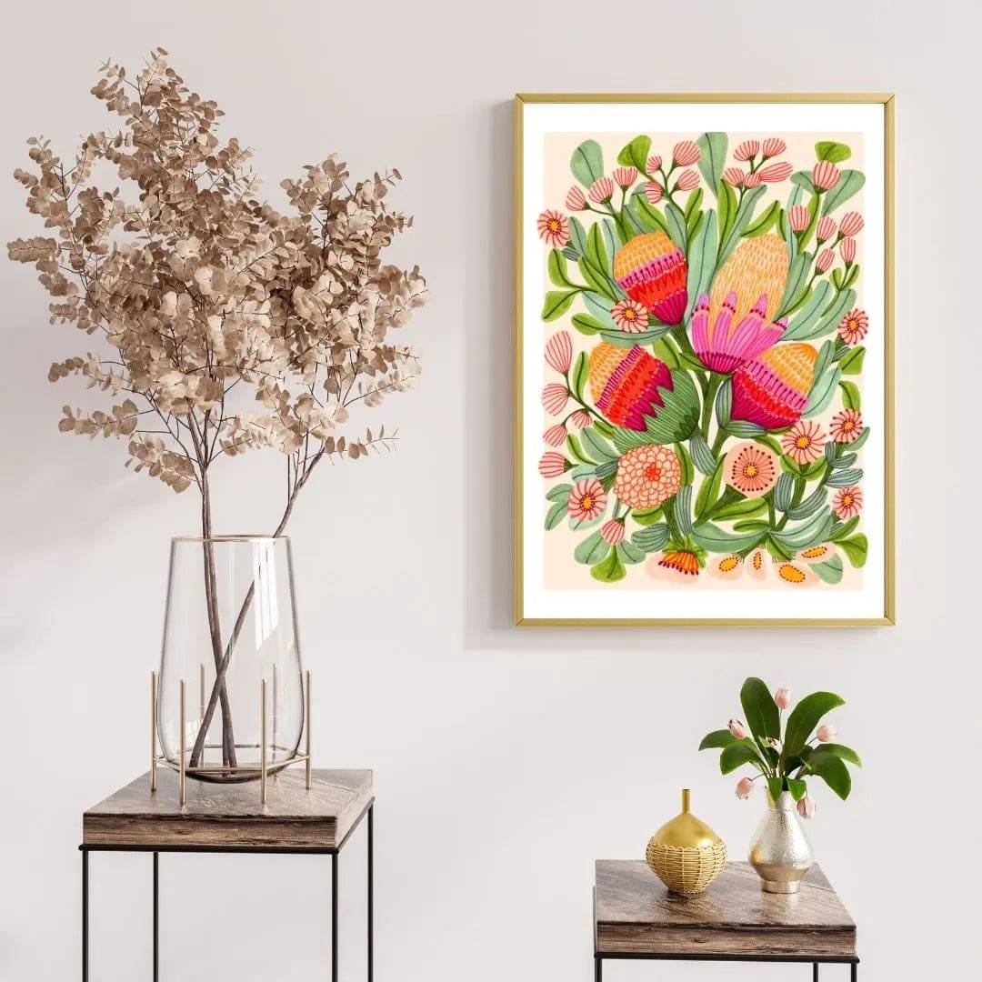 Protea & Gum Blossoms Botanical Art Print - Premium Floral Wall Decor for Living Room, Bedroom & Office | Nature-Inspired Home Decor Gift