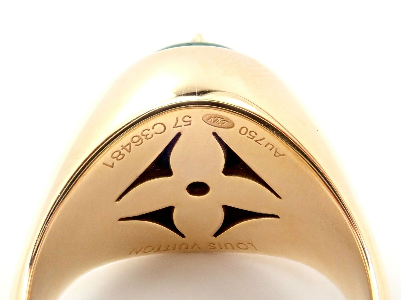 Authentic Louis Vuitton LV 18k Yellow Gold Diamond Malachite Blossom Signet Ring for Women - Luxury Fashion Jewelry Gift for Anniversary, Valentine's Day & Special Occasions