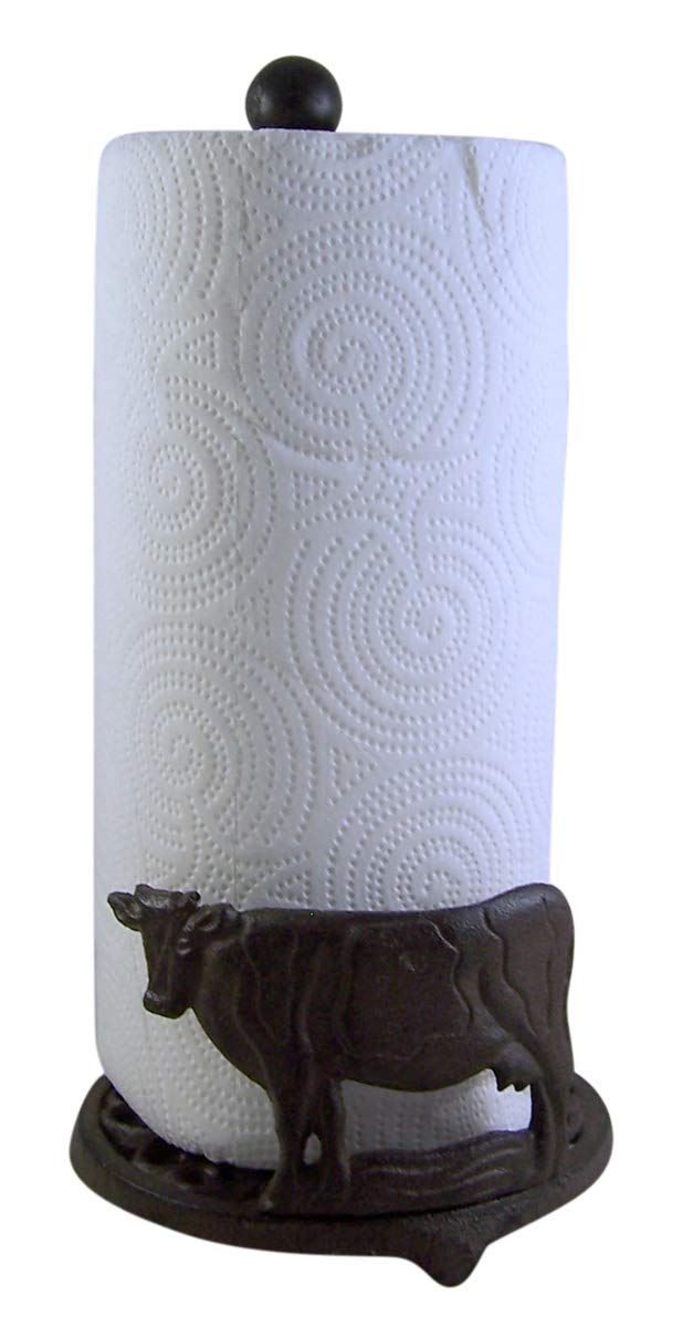 13 Inch Cast Iron Cow Paper Towel Holder - Rustic Farmhouse Kitchen Decor for Country Style Homes & Restaurants