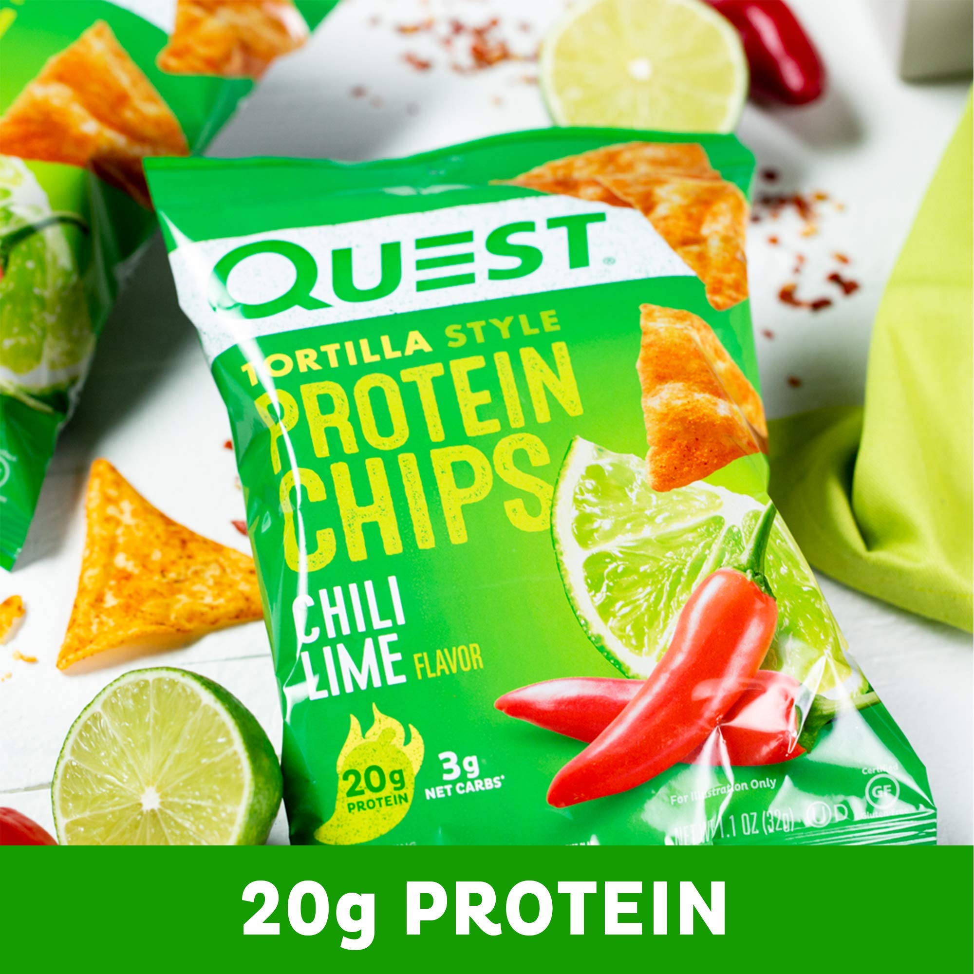 Quest Nutrition Chili Lime Tortilla Style Protein Chips - High Protein 20g, Low Carb 3g Net Carbs, Gluten Free, Keto Friendly Snack - 1.1oz Pack of 12 - Perfect for On-the-Go, Workouts & Healthy Lifestyle