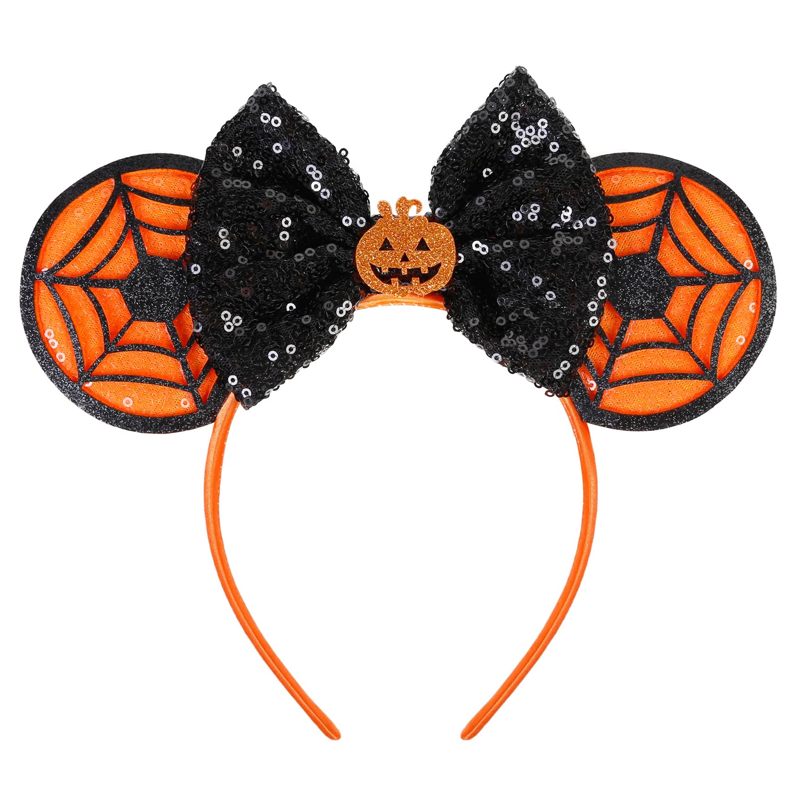 WOVOWOVO Halloween Mouse Ears Headbands for Women & Girls - Sparkly Bow Hair Accessories with Pumpkin & Web Sequin Design | Costume Party, Cosplay, Trick or Treat Accessories
