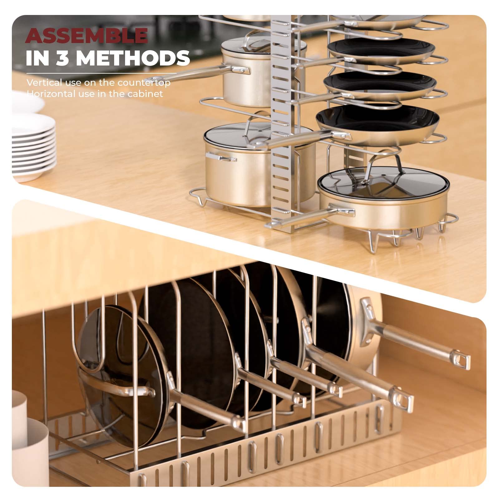 Vdomus Adjustable Pot Rack Organizer - 3 DIY Methods for Kitchen Cabinet Storage, Space-Saving Pan and Lid Holder for 8+ Pots & Pans (Silver) - Perfect for Small Kitchens, Apartment Cooking & Cabinet Organization