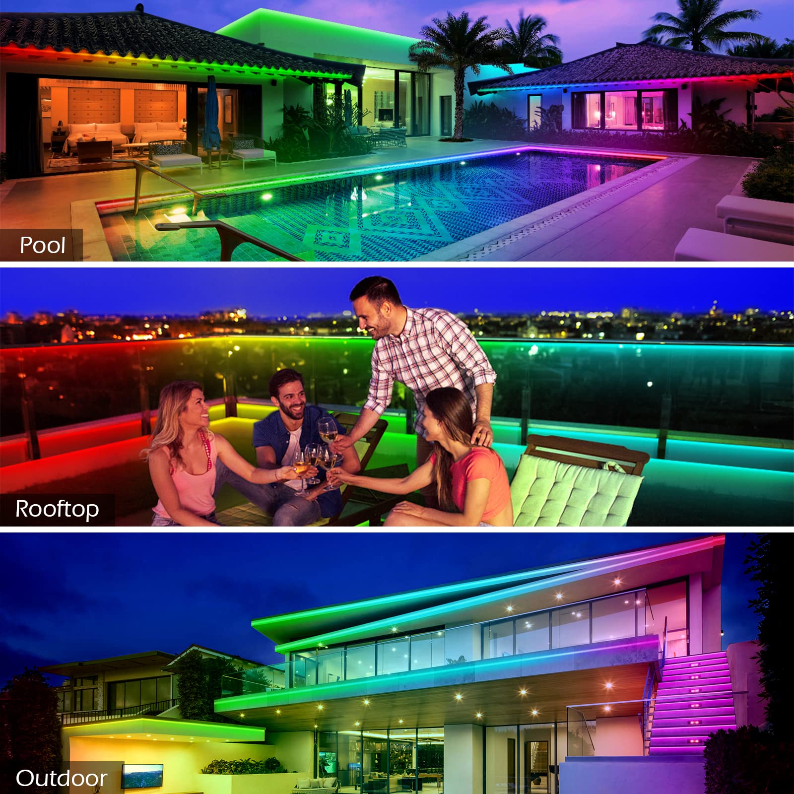 AILBTON Outdoor LED Strip Lights Waterproof IP68 - 60m/200ft RGB Exterior Rope Lights with App & Music Sync Control - Perfect for Balcony, Deck, Roof, Garden, Pool Party & Landscape Lighting