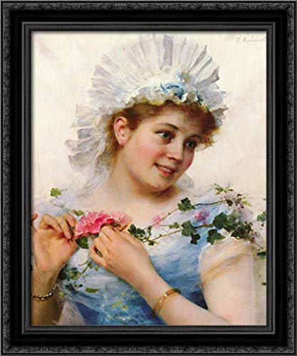 Federico Andreotti Young Girl With Roses 20x24 Framed Canvas Art - Elegant Black Ornate Wood Frame for Living Room, Bedroom & Office Wall Decor