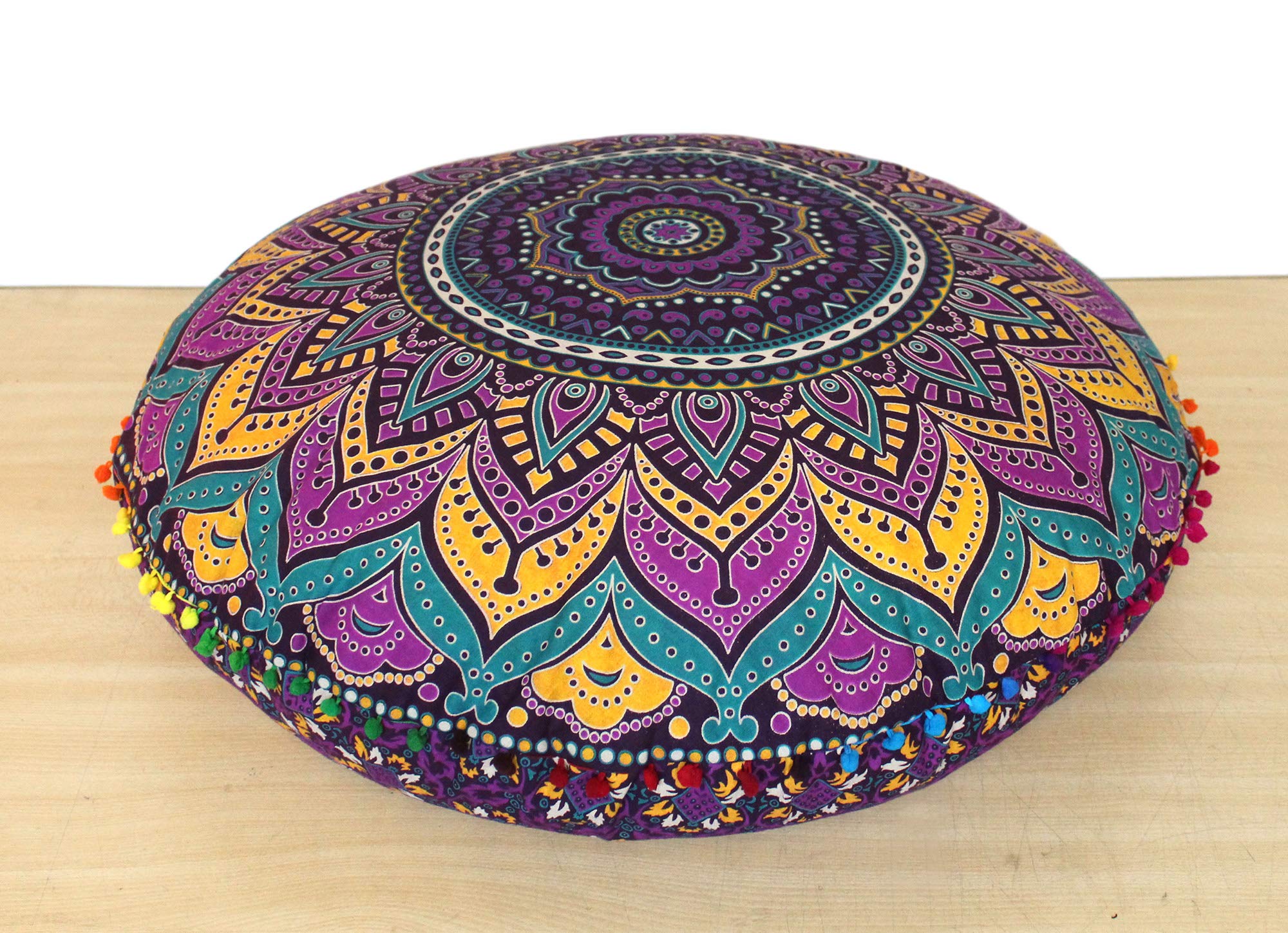 ICC 32 Inch Floor Pillow Cover - Bohemian Mandala Pouf Cushion Case for Meditation, Yoga & Lounge - Washable Boho Ottoman Slipcover - Pink Multi Hippie Decor for Living Room, Bedroom & Outdoor Use