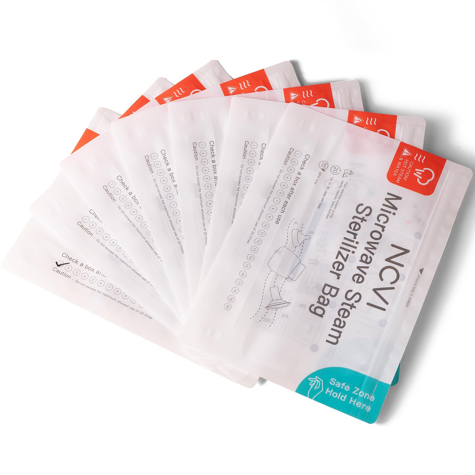 NCVI Microwave Steam Sterilizer Bags for Baby Bottles - 8 Pack (160 Uses) | Large Reusable Travel Sterilization Pouches for Baby Teethers, Pacifiers & Breast Pump Accessories | Perfect for Home, Travel & Daycare Use