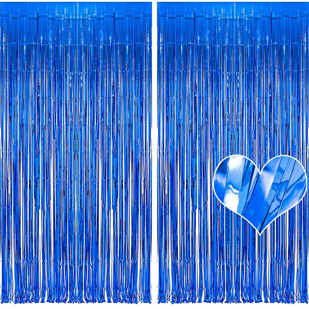 2 Pack Blue Foil Fringe Curtains 3ft x 6.5ft - Metallic Tinsel Party Backdrop for Birthday, Wedding, Graduation Decorations | Perfect for Photo Booths, Stage Backgrounds & Event Decor