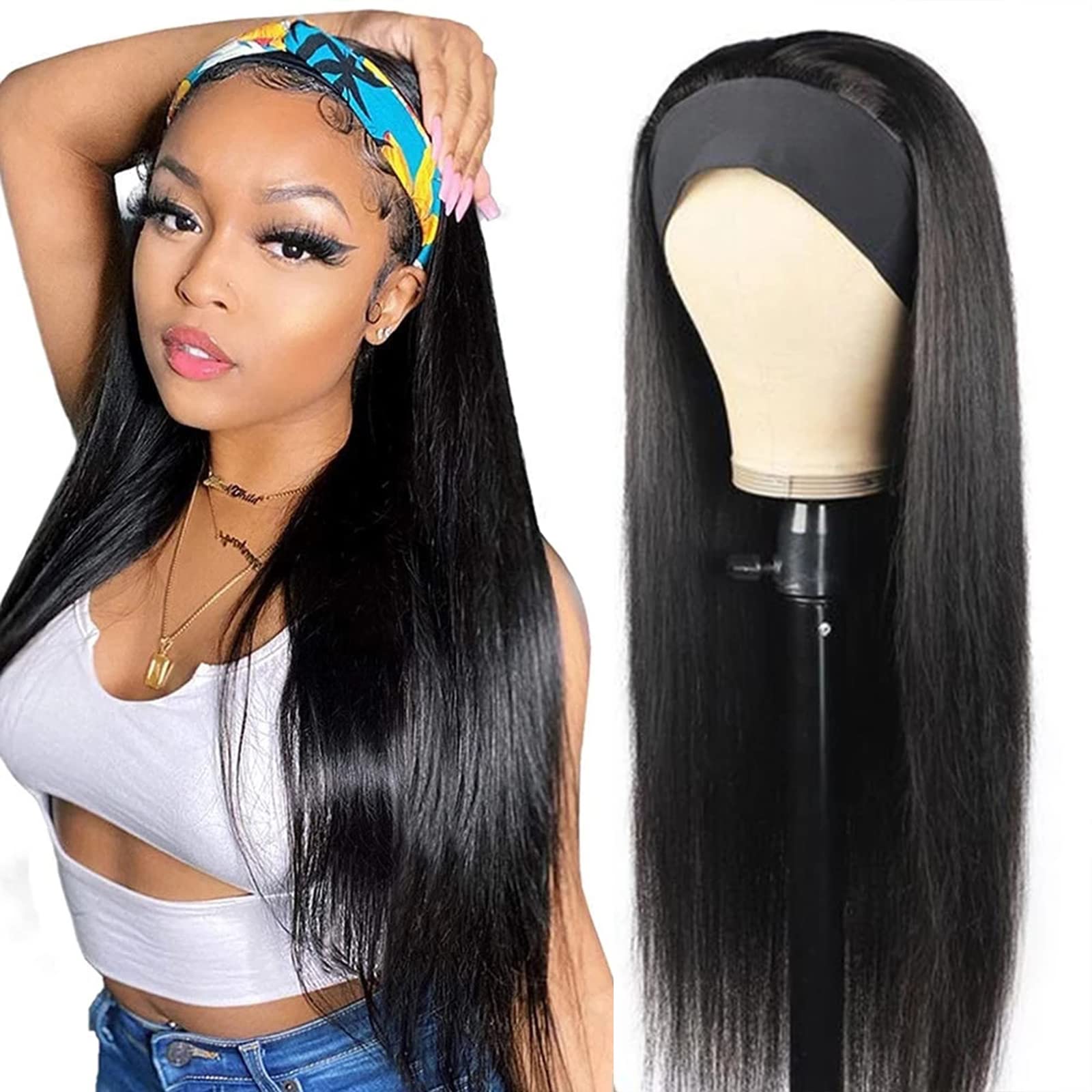 ISEE 10A Headband Wig Straight Human Hair Wigs for Black Women - 180% Density Brazilian Virgin Hair Machine Made Headband Wig, Non Lace Front Human Hair Wigs 24 Inch - Perfect for Daily Wear, Parties, and Special Occasions