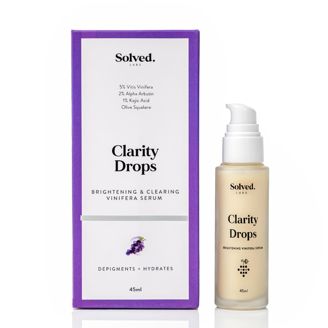 Solved Labs Clarity Drops Brightening Serum with 1% Kojic Acid, 5% Grape Glycolic & 2% Alpha Arbutin - Hydrating Dark Spot Corrector for Hyperpigmentation, All Skin Types (Men & Women, 45ml) | Perfect for Daily Skincare Routine & Nighttime Treatment