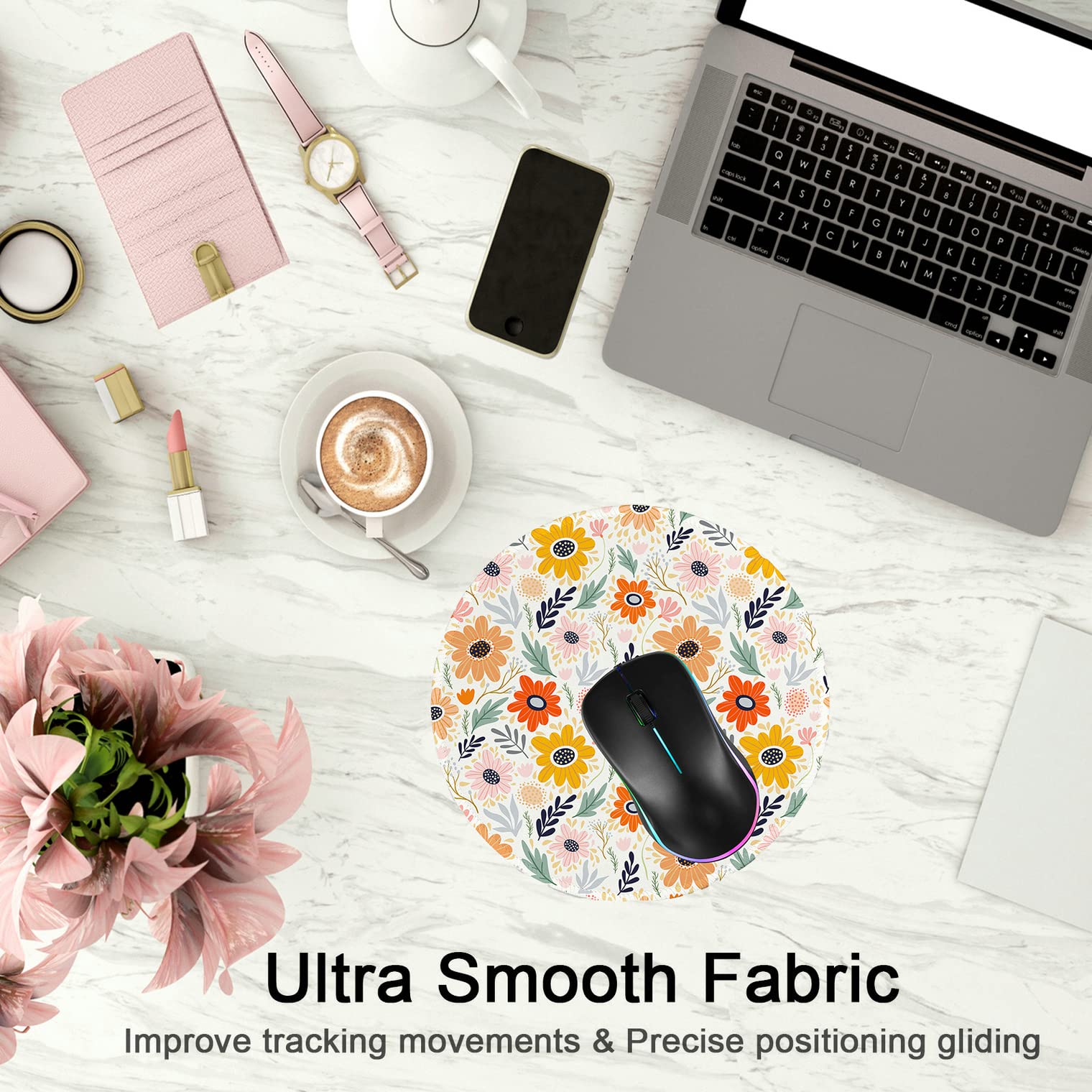 Premium Round Gaming Mouse Pad - Non-Slip Rubber Base with Stitched Edge (7.9x7.9 Inch) for PC, Laptop & Office - Cute Floral Design for Gamers & Professionals