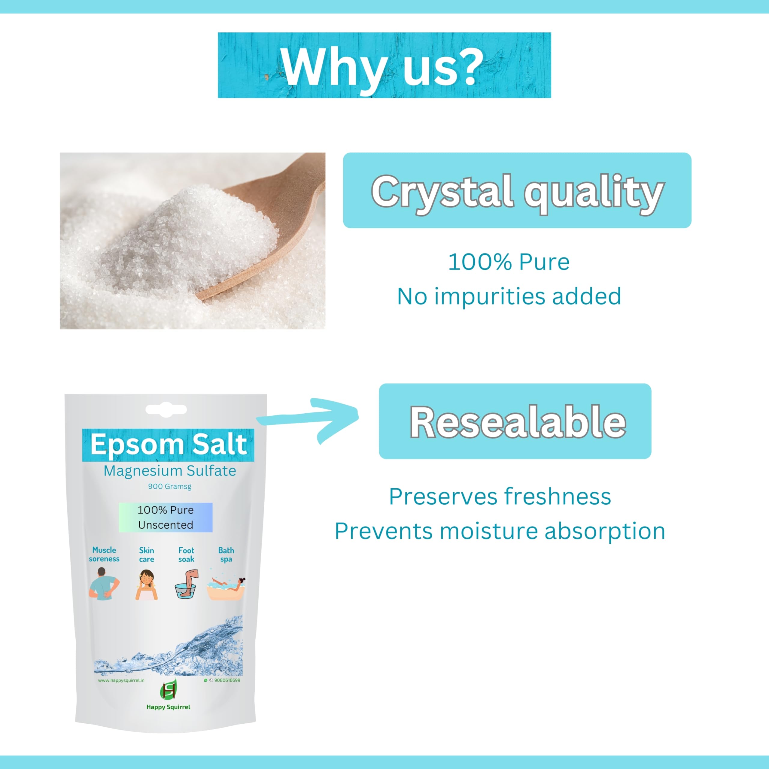 Happy Squirrel Epsom Salt for Foot Soak & Pain Relief | 100% Pure Magnesium Sulfate (900g) | Unscented Muscle Relaxation Bath Salt | Perfect for Post-Workout Recovery, Stress Relief & Spa Treatments