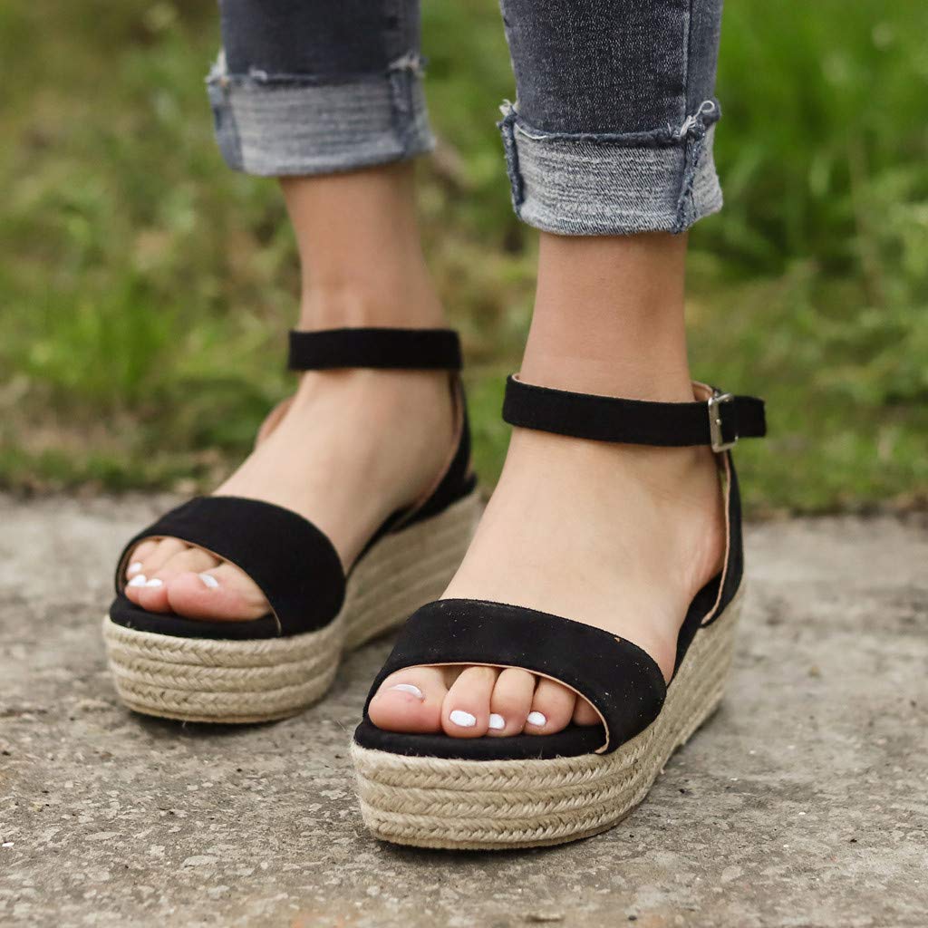Women's Wide Width Wedge Sandals with Ankle Buckle - 2020 Fashion Summer Beach Sandals, Open Toe Espadrille Platform Shoes for Casual Outings, Vacations & Beach Wear