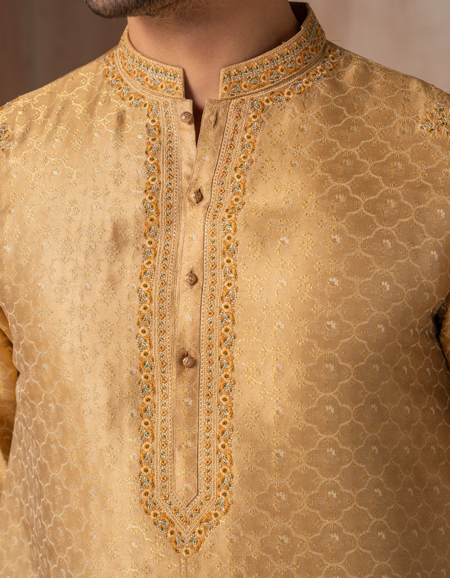 Premium Blended Golden Special Kurta by J. Junaid Jamshed - Elegant Pakistani Traditional Wear for Men, Perfect for Eid, Weddings & Festive Occasions