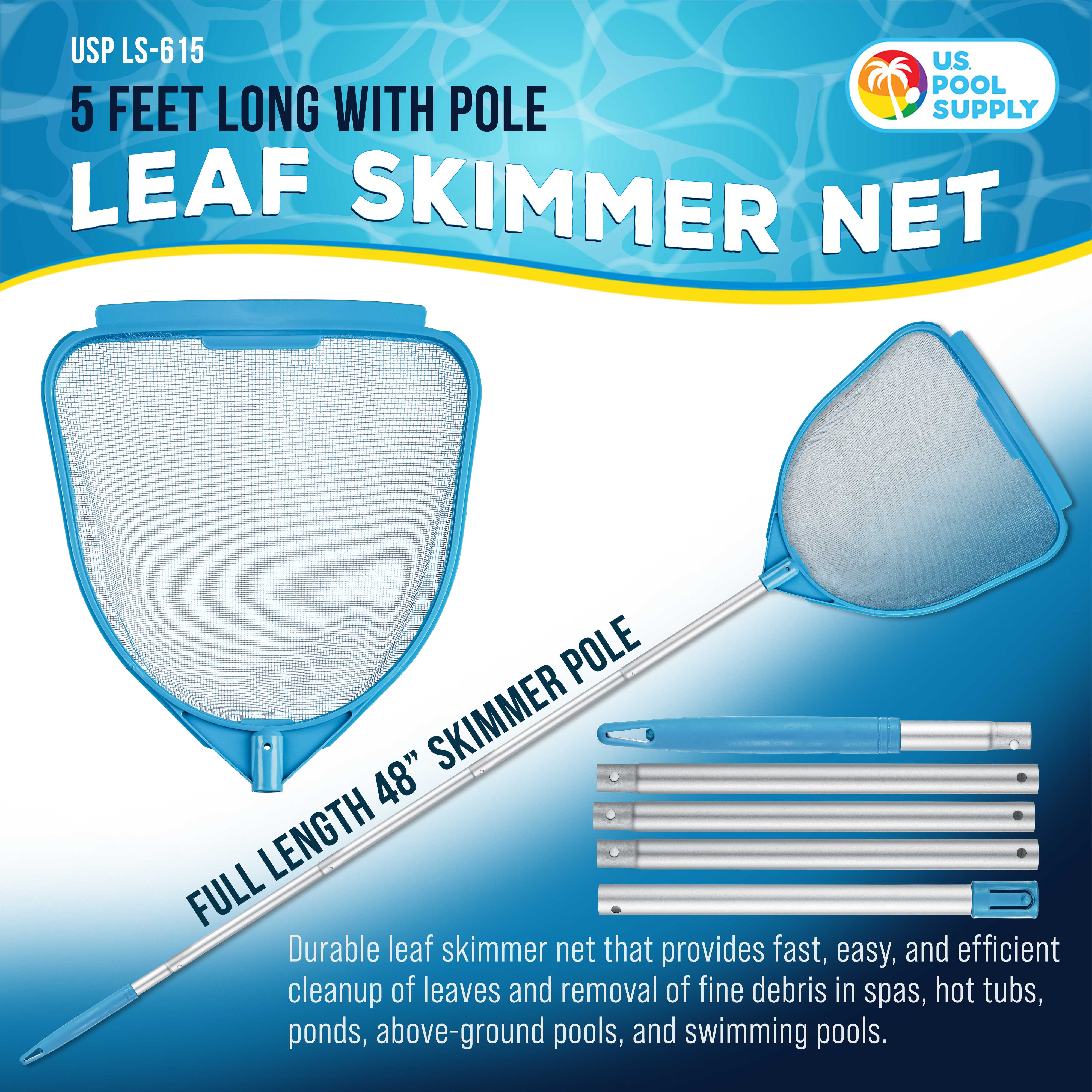 **5FT Pool Leaf Skimmer Net with Pole - Fine Mesh Handheld Skimmer for Leaves & Debris - Ideal for Pools, Spas, Hot Tubs & Above Ground Maintenance**