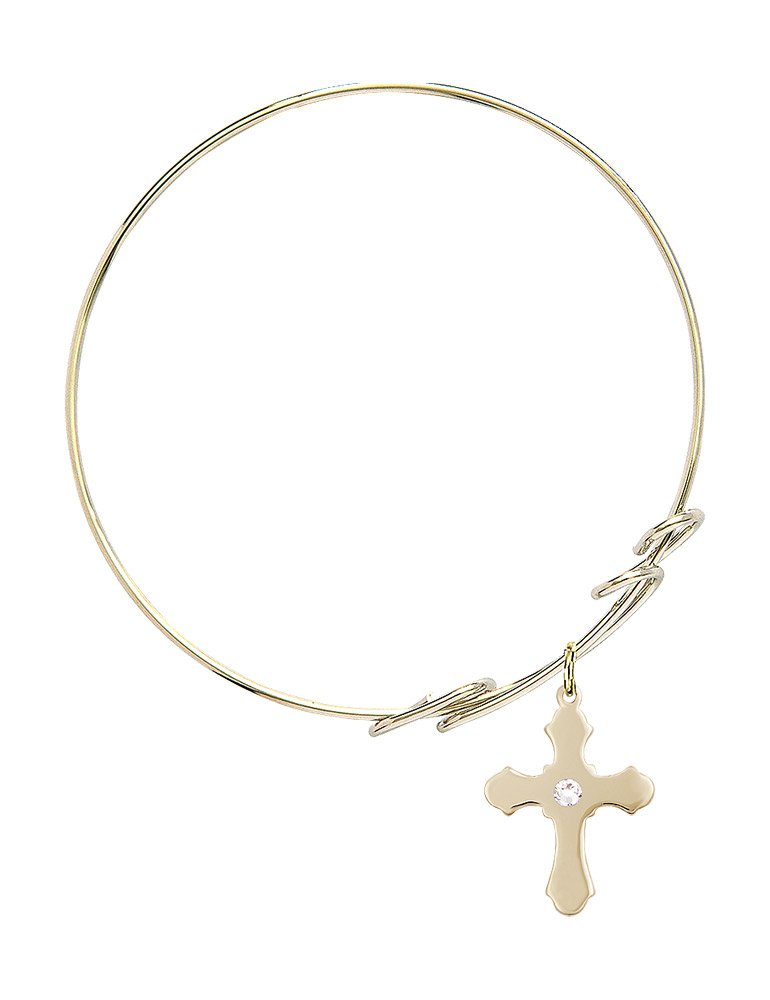 8 Inch Round Double Loop Bangle Bracelet with Cross Medal Charm & April Birthstone Crystal - Elegant Jewelry for Women, Perfect for Gifts, Parties, and Everyday Wear