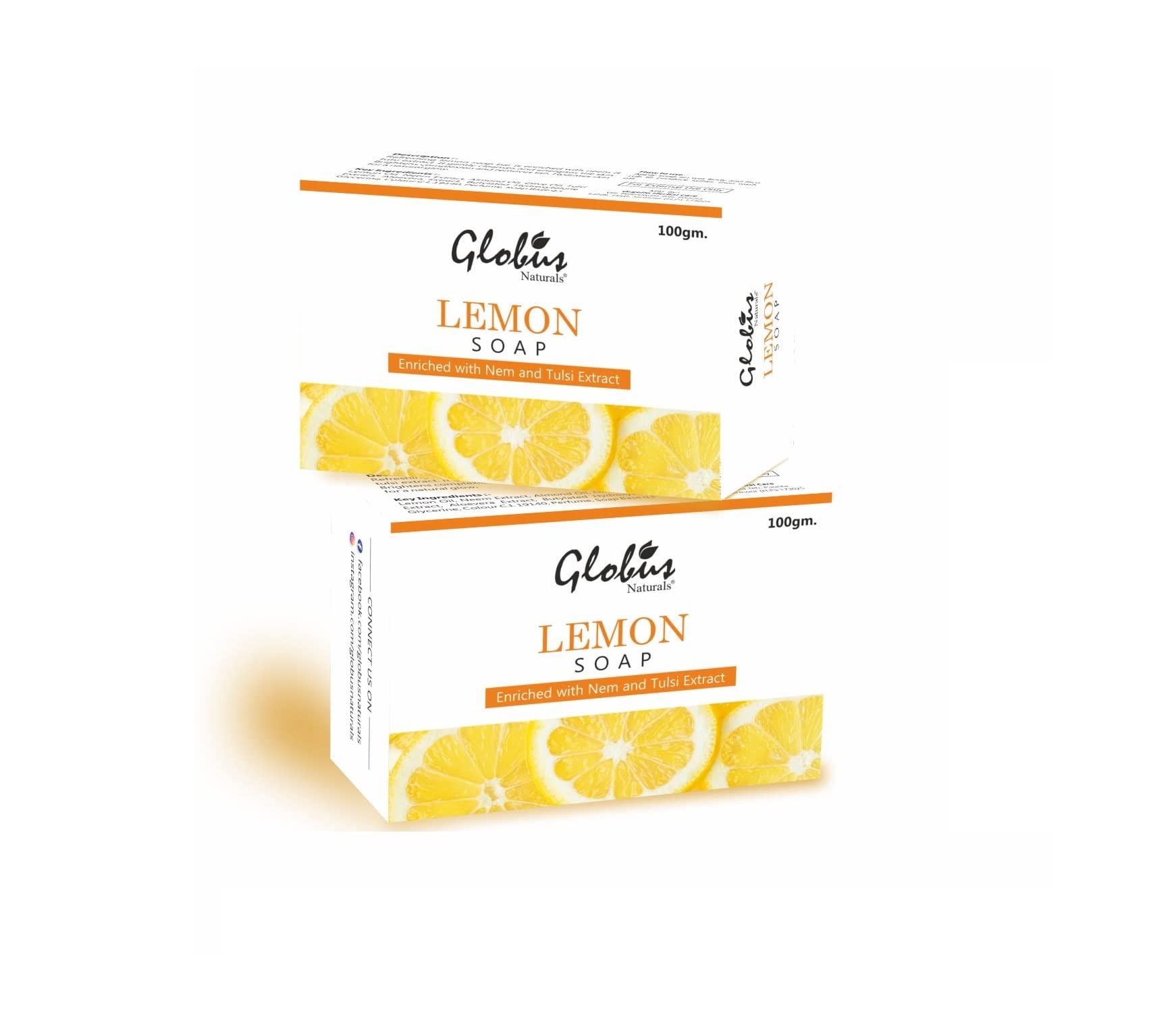 Globus Naturals Lemon Brightening Soap with Neem & Tulsi Extract - 100g (Pack of 2) for Skin Lightening, Acne Treatment & Glowing Complexion | Perfect for Daily Face & Body Cleansing