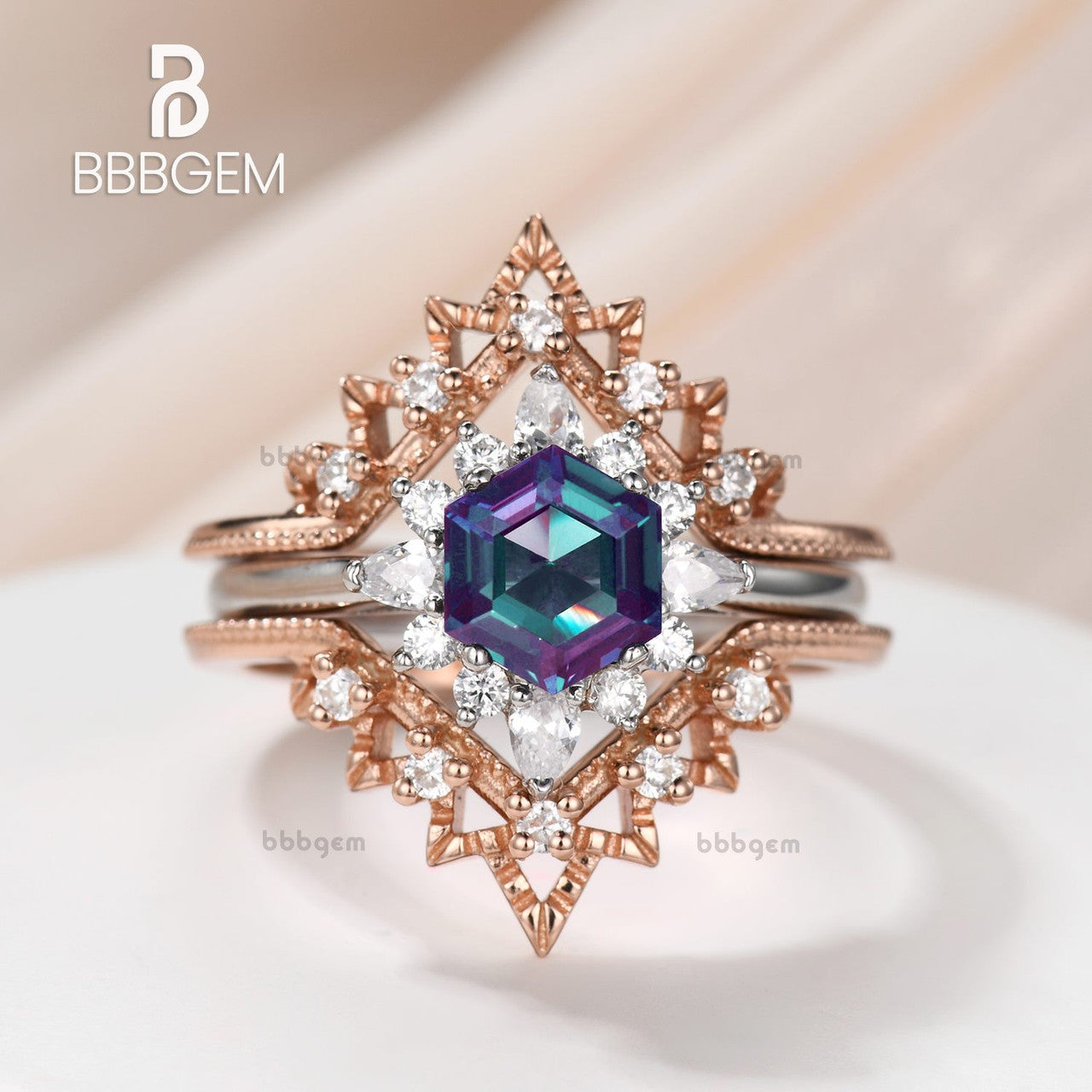 Vintage Floral Hexagon Alexandrite & Diamond Engagement Ring in 14K White Gold - Perfect for Proposals, Anniversaries & Special Occasions