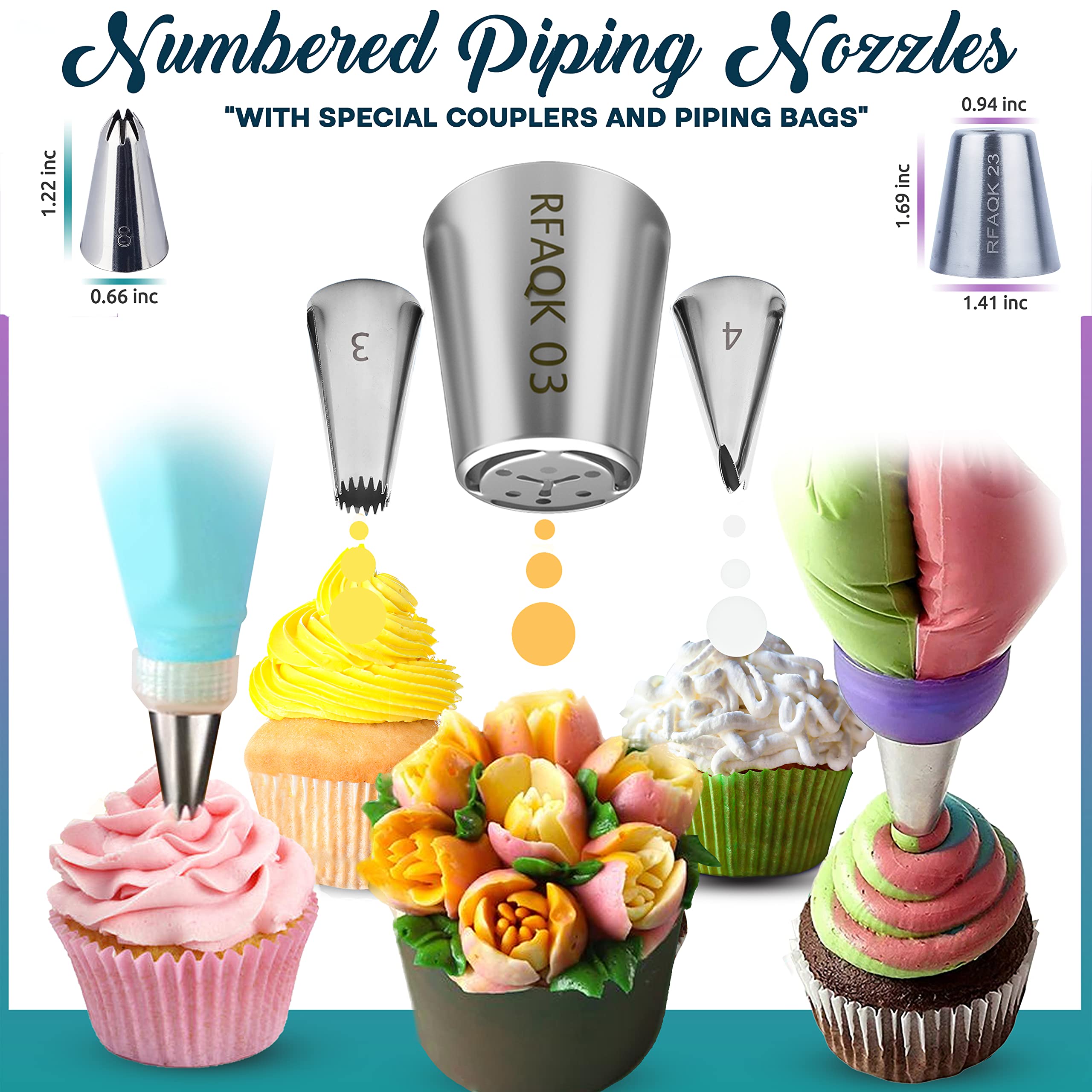RFAQK 230-Piece Professional Cake Decorating Kit with Turntable, Piping Bags & Tips, Modeling Tools, Cookie Cutters & Icing Smoother - Complete Baking Supplies for Birthday, Wedding & Party Cake Decoration