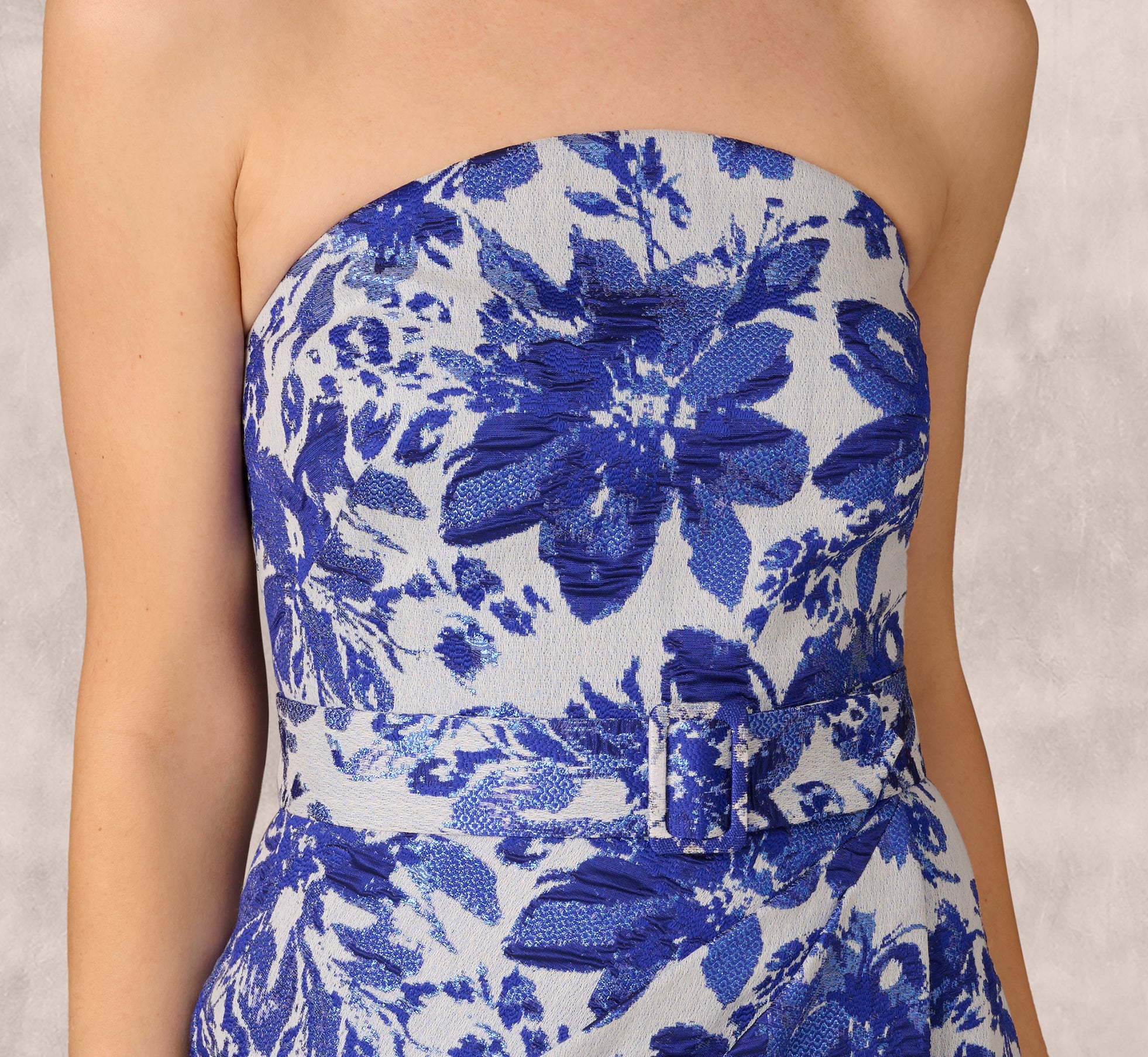Elegant Strapless Belted Floral Jacquard Column Gown - Royal Blue Formal Dress for Evening Gala, Prom, Wedding & Special Occasions