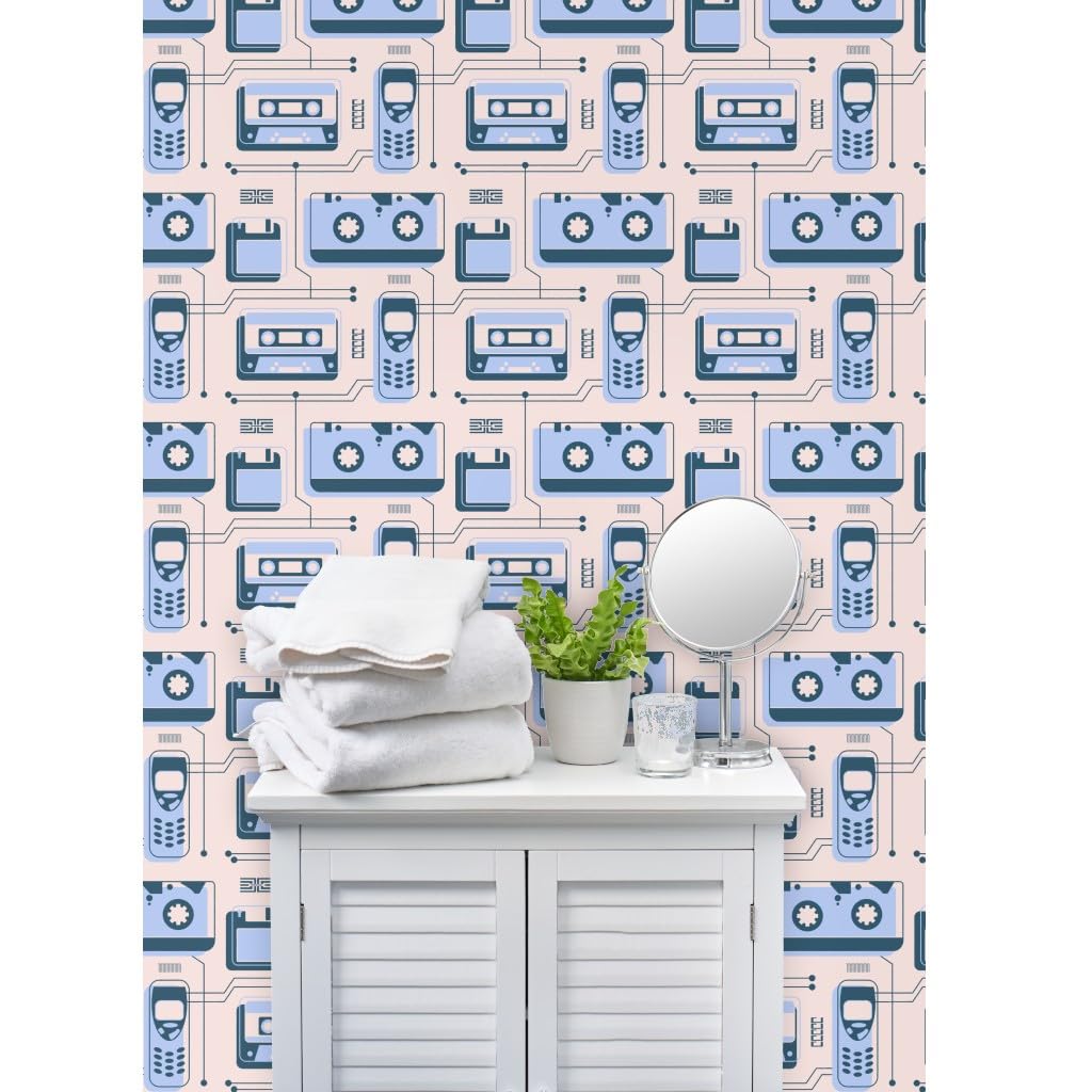 Premium Commercial Grade Wallpaper - 27ft x 2ft Roll, 2000S Light Blue & Dusty Pink Cassette Pattern, Traditional Phone Design by Spoonflower | Perfect for Living Rooms, Bedrooms, and Home Offices