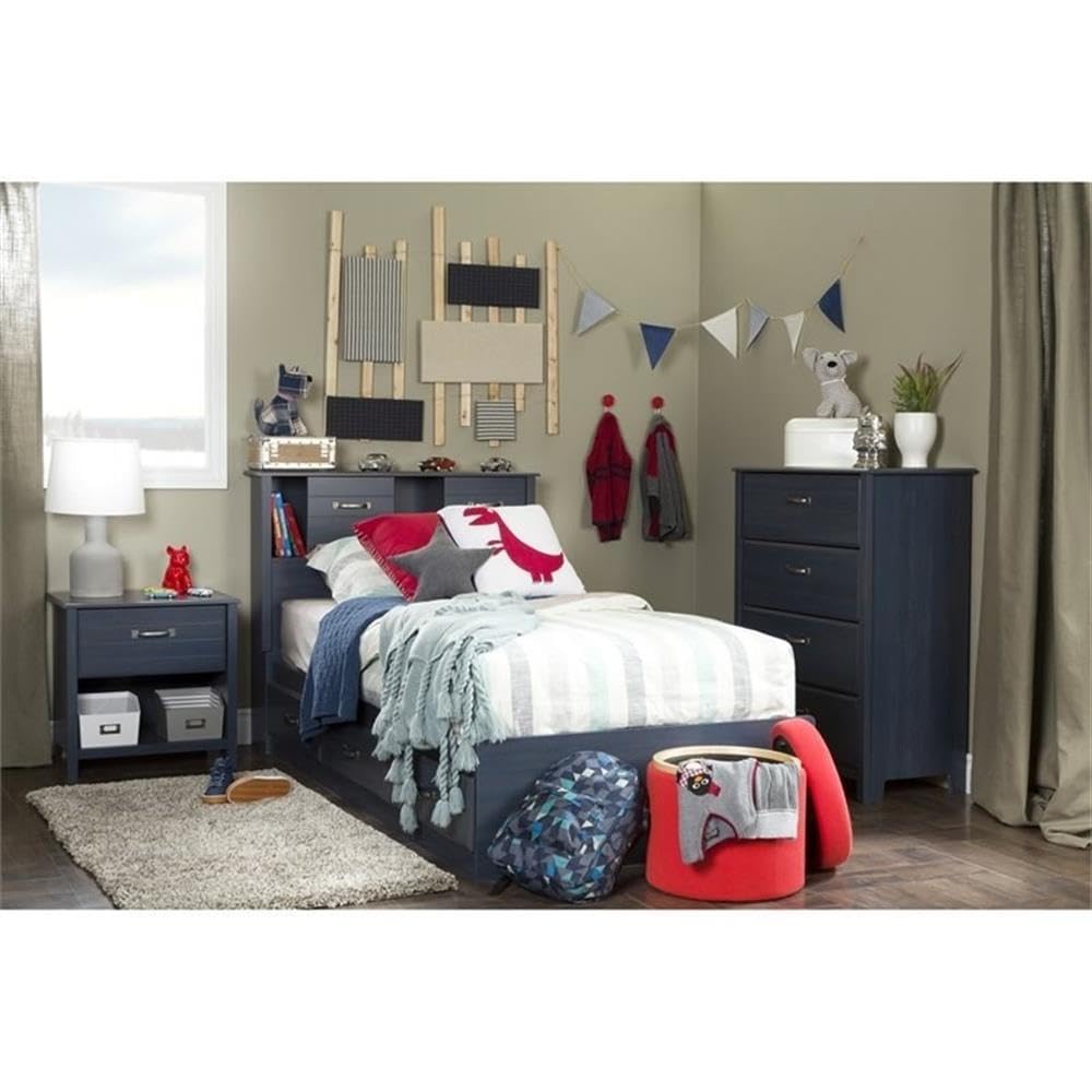 Rosebery Twin Size Kids Platform Bed with 3 Underbed Drawers - Solid Wood Slat Support, No Box Spring Needed - Navy Blue - Perfect for Small Bedrooms & Space-Saving Kids' Rooms