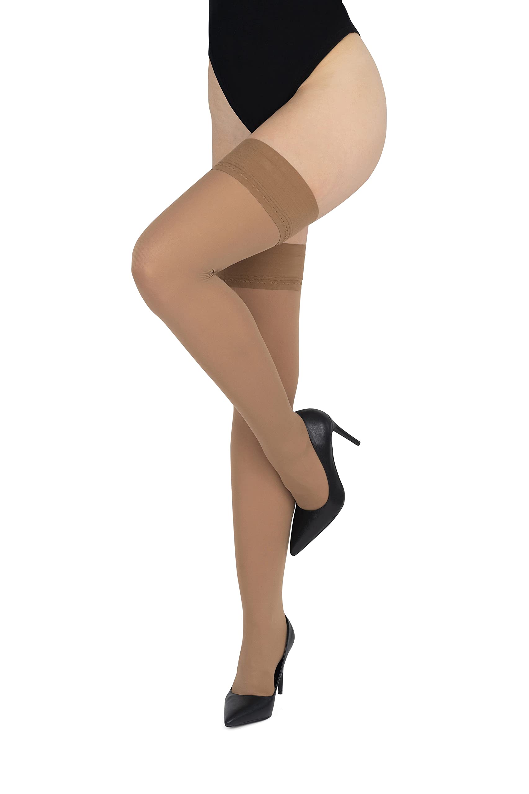 LORES Opaque 60 Denier Hold Up Stockings - High Waist Thigh High Tights for Women - Sexy Silicone Band Hosiery - Perfect for Date Night, Office Wear & Special Occasions