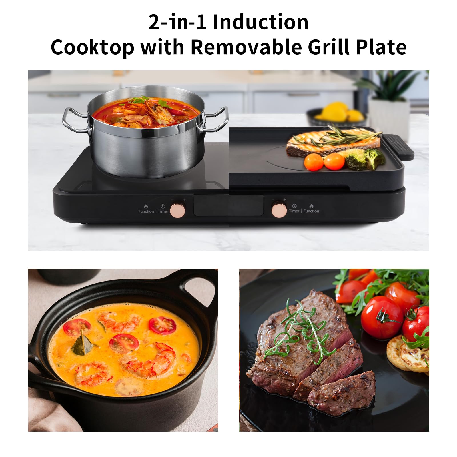 1800W Double Induction Cooktop with Non-Stick Griddle Pan - 2 Burners, 11 Power Levels & 3H Timer - Perfect for Home Kitchen, Dorm & RV Cooking - Black
