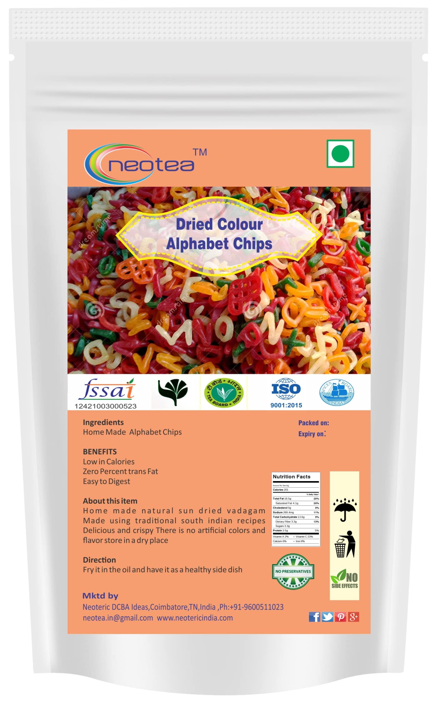 Neotea Homemade Fryum Snacks - Dried Colorful Alphabet Chips, 250g | Crunchy Vegan Snack for Kids Lunch, Party Favors & School Treats