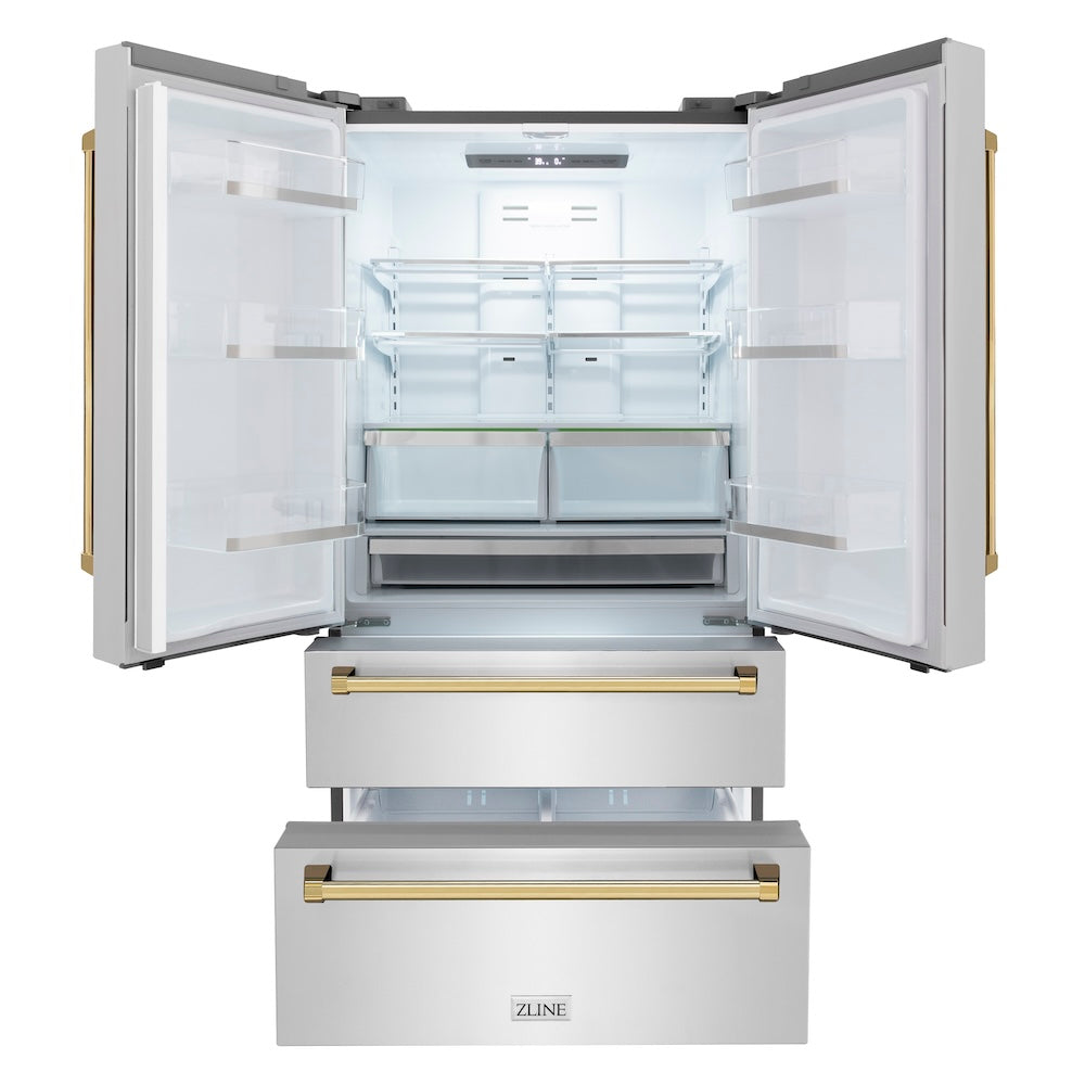 ZLINE Autograph Edition 36 Inch Counter Depth French Door Refrigerator - 22.5 cu ft Capacity with Ice Maker, Fingerprint Resistant Stainless Steel & Polished Gold Handles (RFMZ 36 G) - Perfect for Modern Kitchens & Open Concept Homes