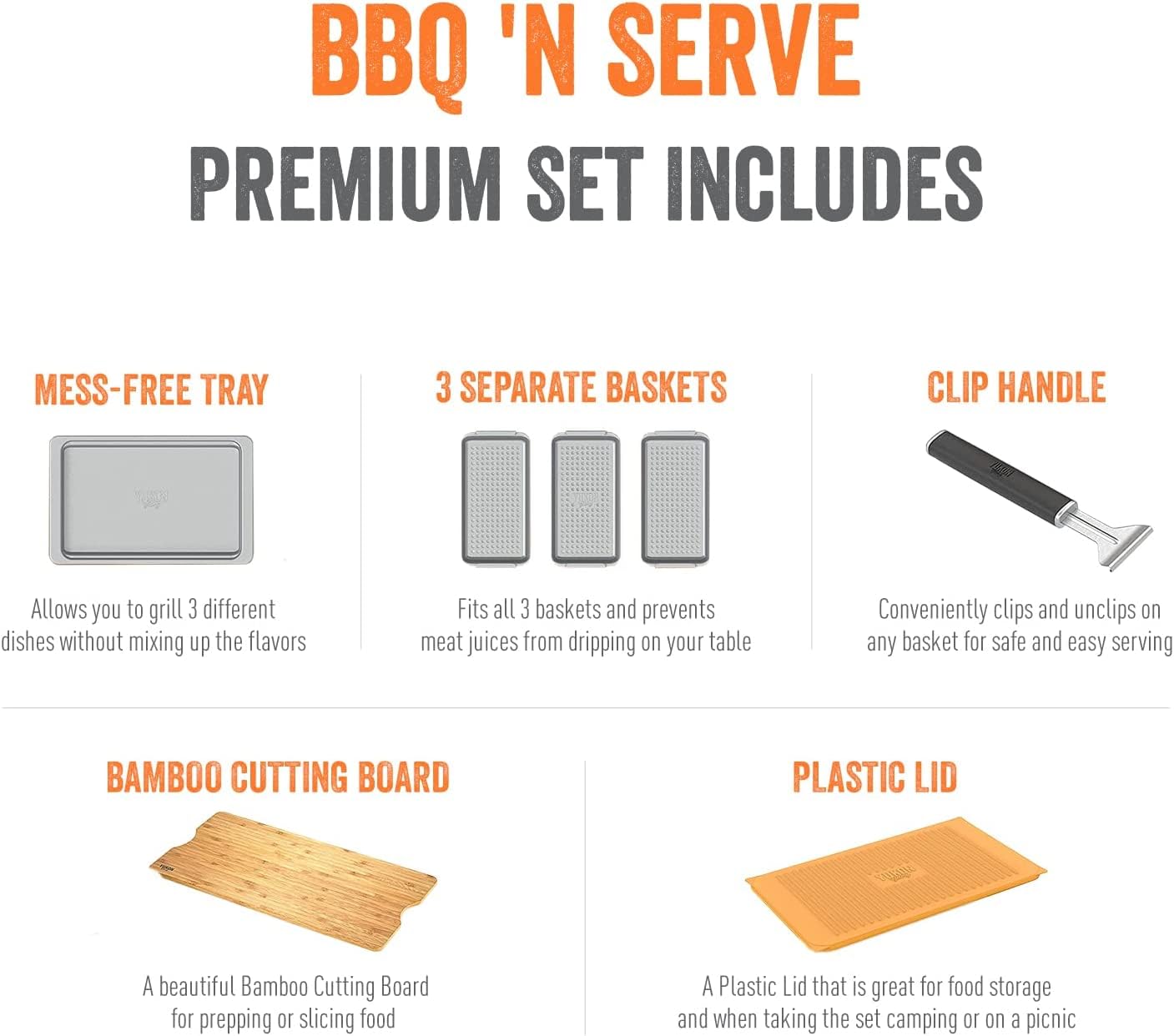 Yukon Glory™ Premium BBQ Grill Set - 3 Grill Baskets, Serving Tray, Bamboo Cutting Board with Plastic Lid & Clip-on Handle - Perfect for Outdoor Cooking, Camping, Backyard Parties & Picnics