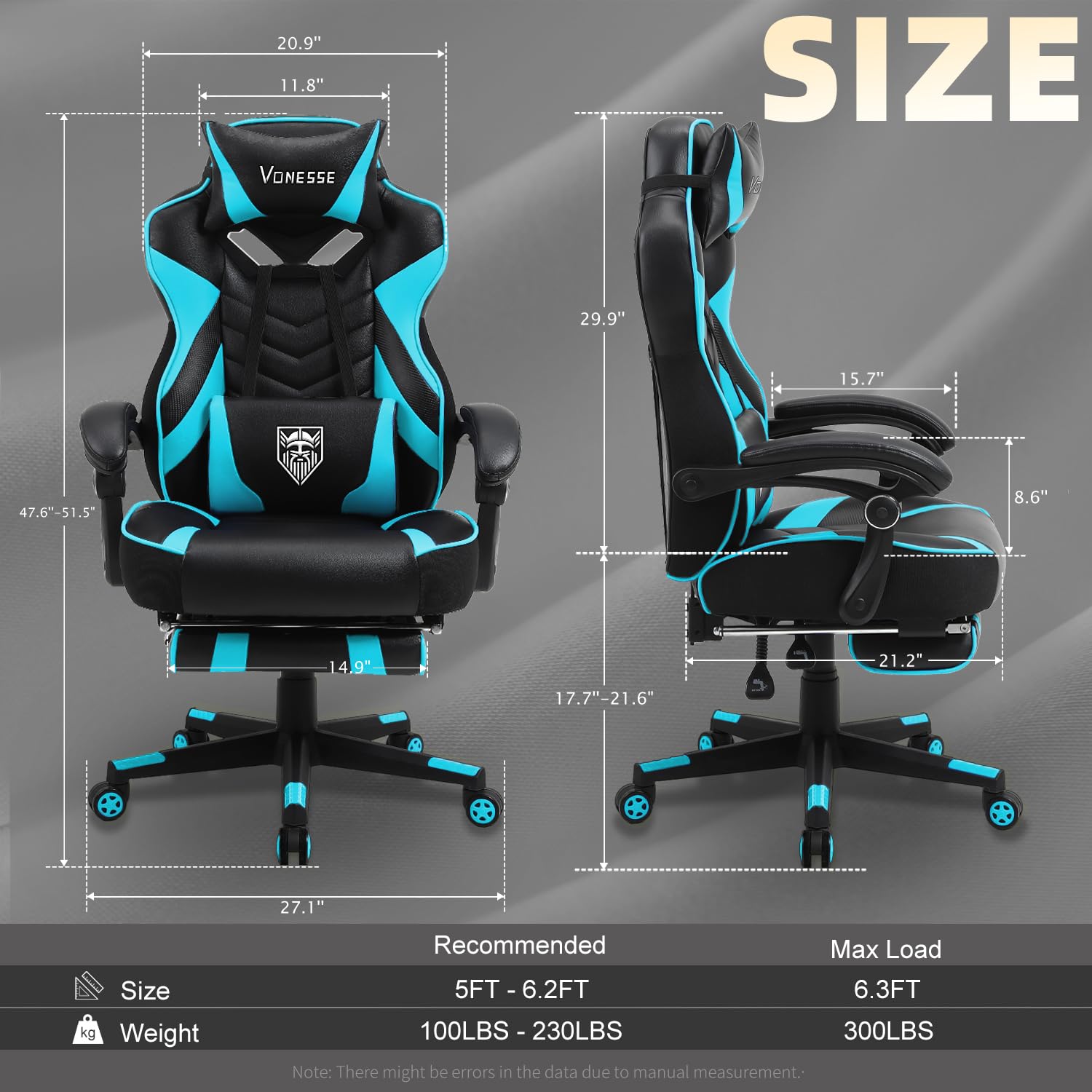 Vonesse Ergonomic Gaming Chair for Adults - High Back Computer Chair with Adjustable Footrest & Lumbar Massage, Reclining Office & Gaming Chair for Big & Tall Users (Cyan/Black) - Perfect for PC Gaming, Home Office & Esports Setup