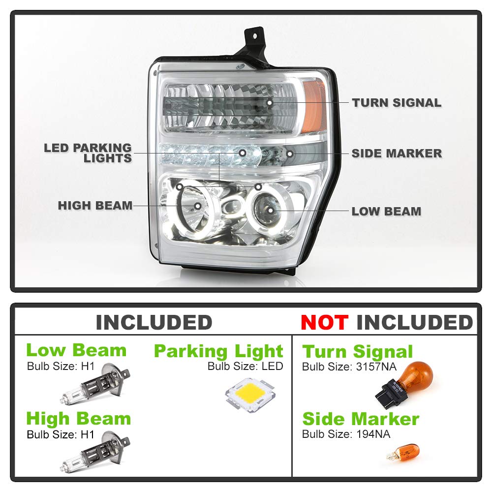 ACANII LED Halo Ring Projector Headlights for 2008-2010 Ford F250 F350 SuperDuty - Chrome Housing Replacement Headlamps with Bright Beam for Night Driving & Off-Road Adventures