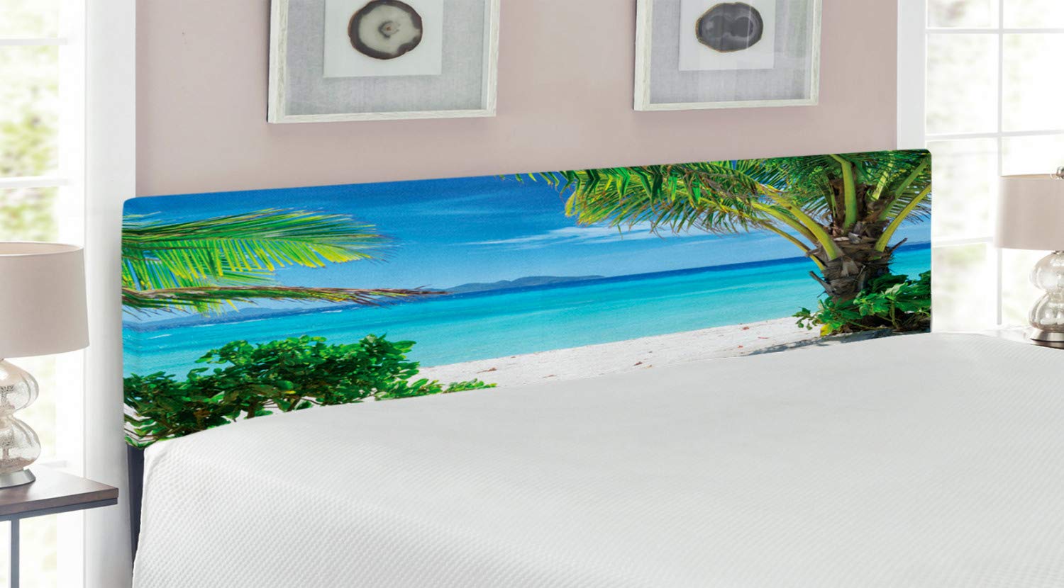 Ambesonne Tropical King Size Upholstered Headboard - Idyllic Ocean Beach Resort Design with Memory Foam, Green Aqua Coconut Color | Perfect for Coastal Bedroom Decor, Vacation Home, or Resort-Style Master Suite
