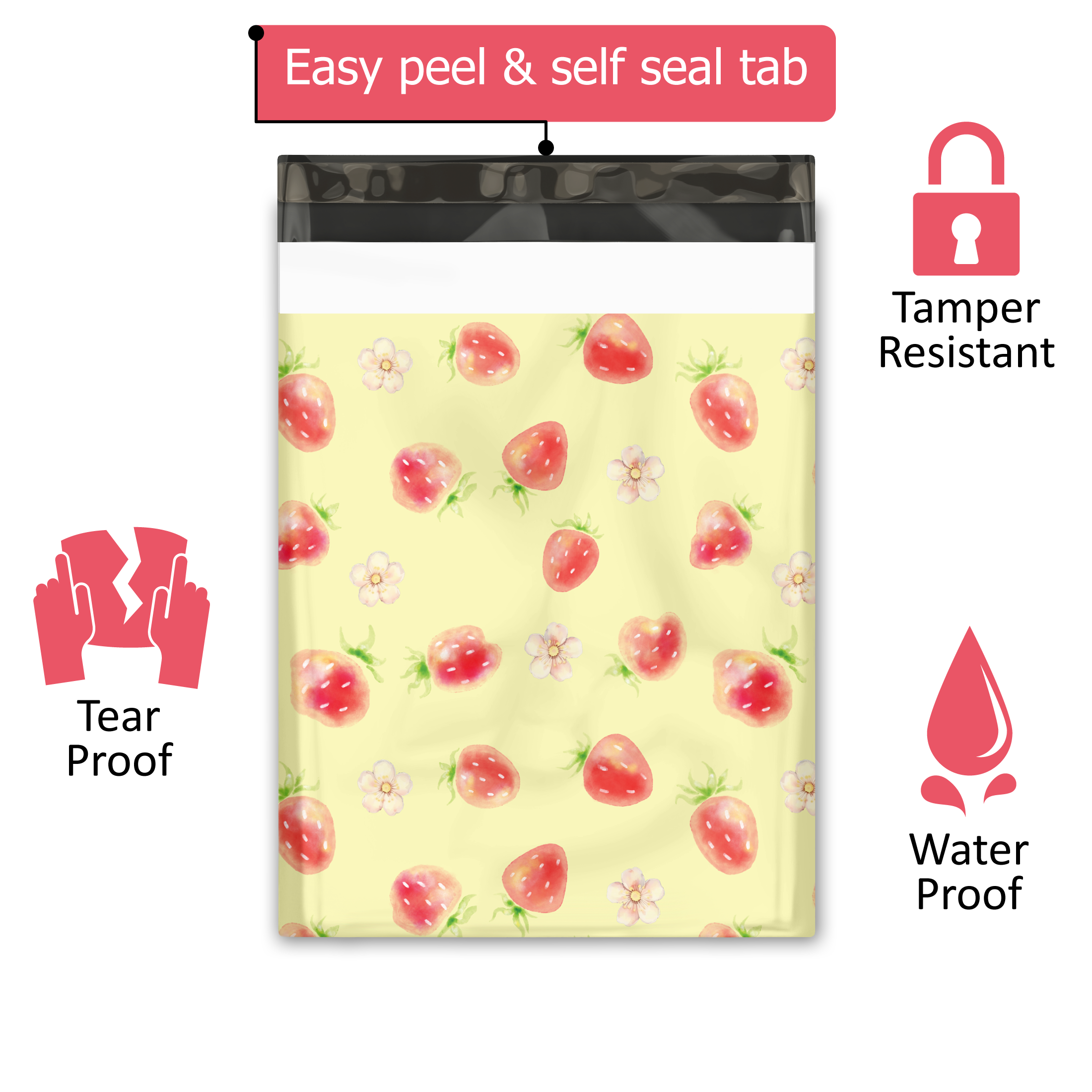 10x13 Inch Watercolor Strawberries Printed Poly Mailers - Premium Shipping Envelopes for Ecommerce, Small Business & Gift Packaging - Perfect for Clothing, Jewelry, Crafts & Online Store Deliveries