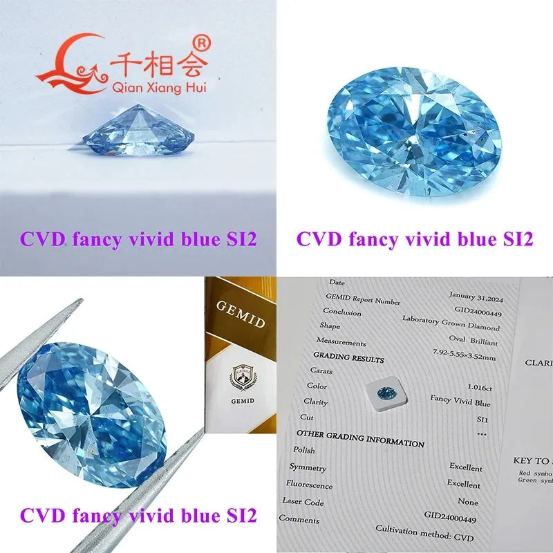 1ct & 2.4ct Lab Grown CVD Diamond - Fancy Vivid Aqua Blue, Oval Shape, VVS-SI Clarity, GEMID Certified Loose Stone for Jewelry Making & Engagement Rings