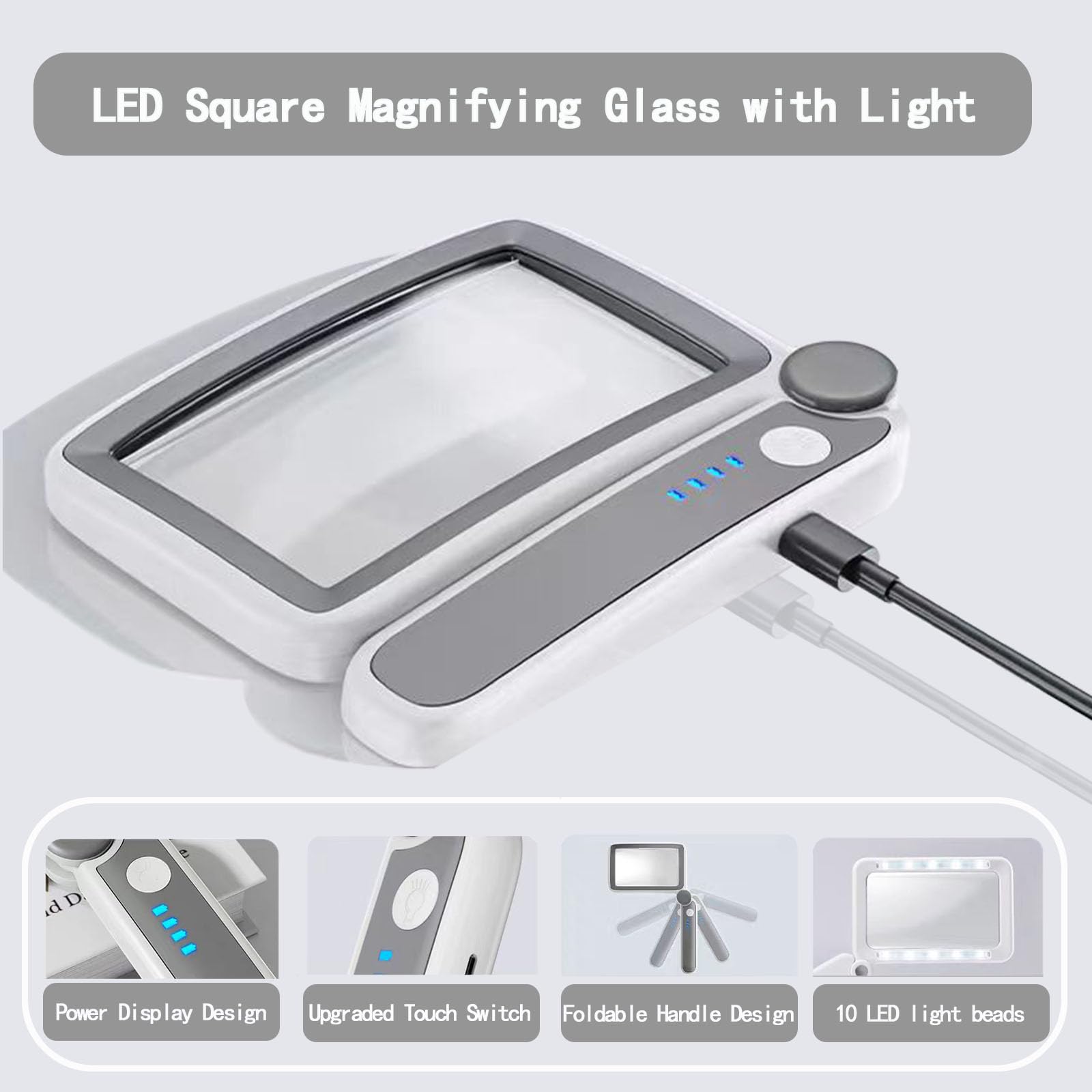 Rechargeable Magnifying Glass with LED Light - 3 Adjustable Light Modes, Folding Handheld Reading Lens with Cleaning Cloth - Perfect for Seniors, Book Lovers & Low Vision Users (Ideal for Reading Books, Newspapers, Crafts & Hobbies)