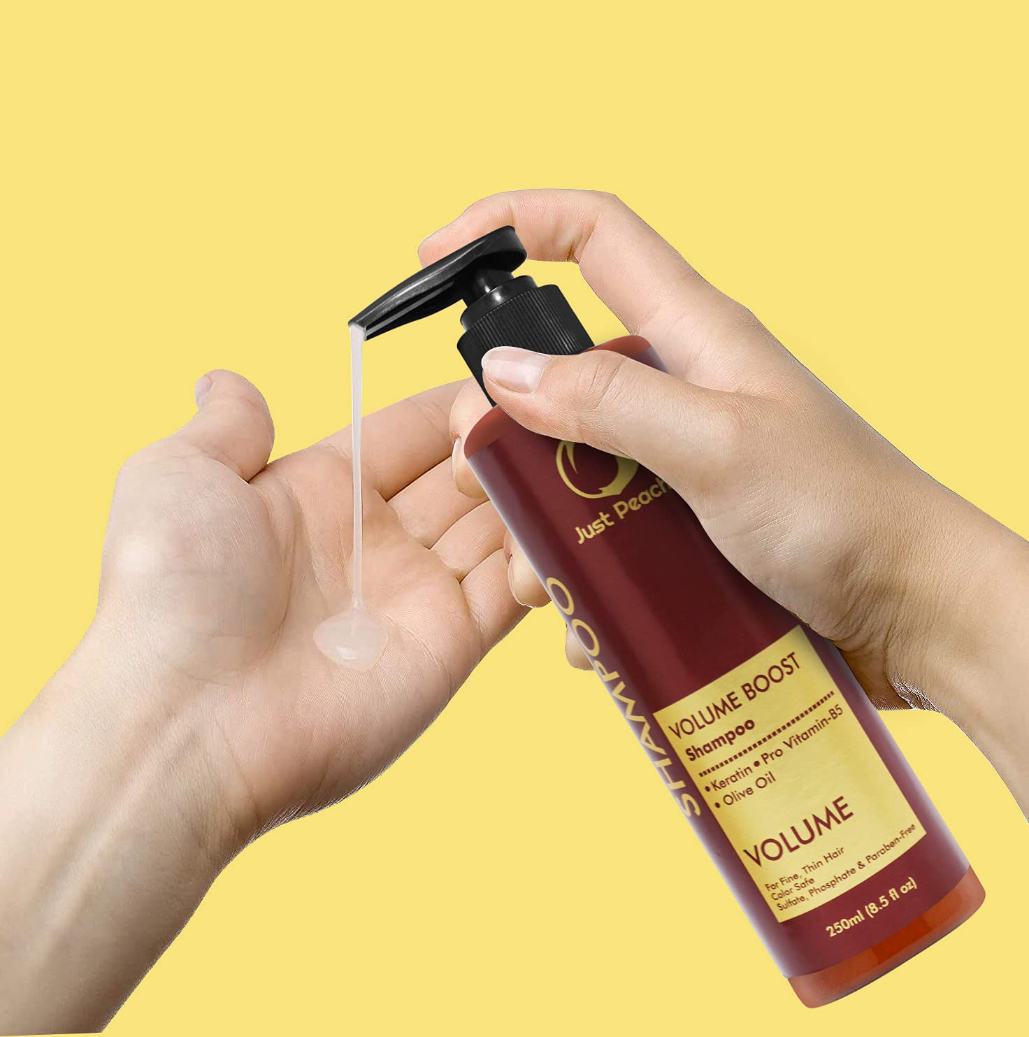 Just Peachy Volume Boost Shampoo with Keratin, Pro Vitamin B5 & Olive Oil - Color Safe for Fine & Thin Hair | Sulfate, Paraben & Phosphate Free | 100% Vegan (250ml) | Adds Volume & Shine for Daily Styling & Special Occasions