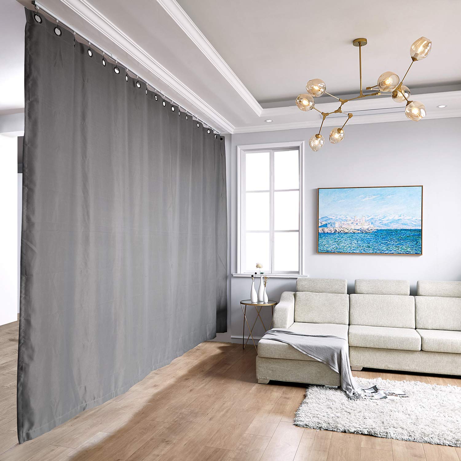 TWOPAGES Heavy Duty Blackout Room Divider Curtain with Ceiling Track Kit - XX-Large Size (12ft to 14ft Wide x 8ft Tall) - Premium Soundproof Partition Curtain for Home, Office & Studio - 1 Panel 15ft x 8ft Grey Grommet Top - Perfect for Privacy, Light Blocking & Space Division