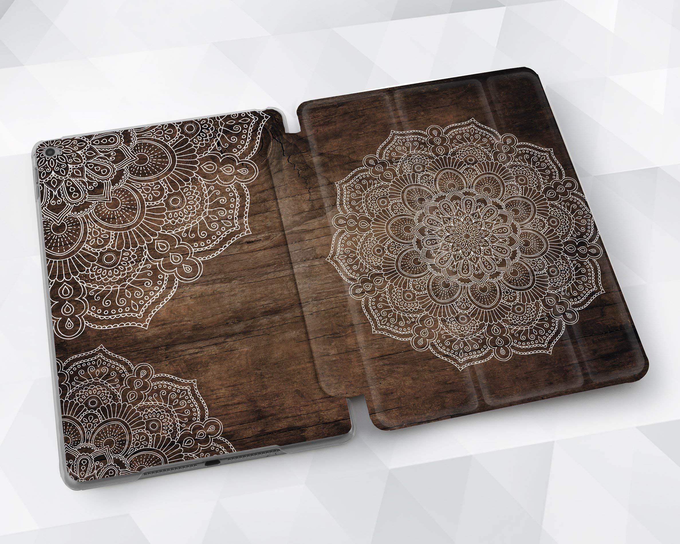 Brown Wood Magnetic Smart Cover with White Mandala Design for iPad 2/3/4, iPad Mini 1/2/3/4/5, iPad Air 2/3, 2019 iPad Pro 9.7/10.5/12.9/11 - Perfect for Work, Travel & Home Use