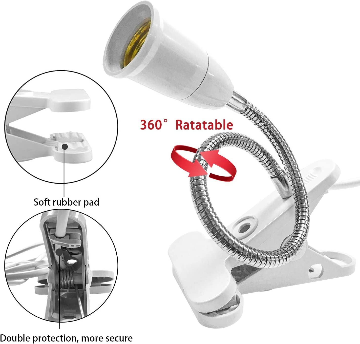 Bahong Clip Desk Lamp Socket - E26/E27 Flexible Light Bulb Holder with On/Off Switch - 86.6in Adjustable Table Reading Light & Night Light - Perfect for Home Office, Study, Bedroom, and Craft Room Lighting